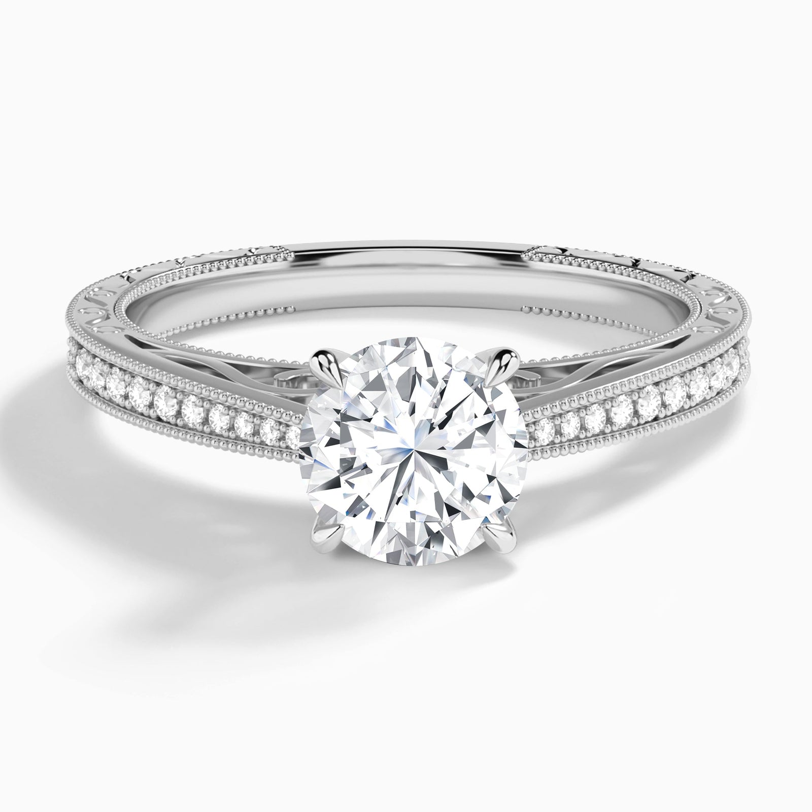 Round Engraved And Pavé Lab Grown Diamond Engagement Ring In Platinum - Lucenjuri