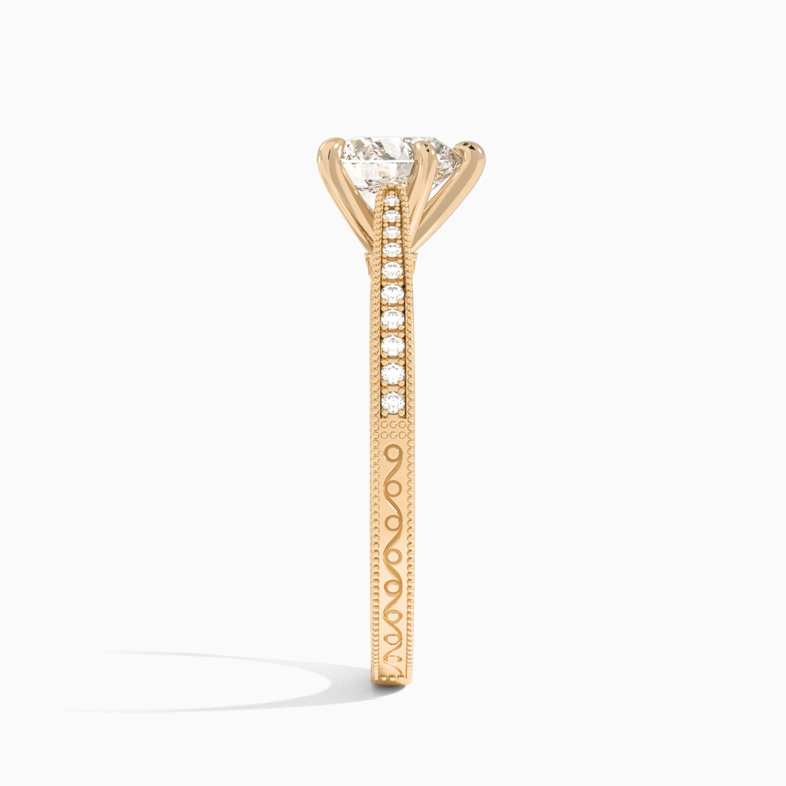 Heart Engraved And Pavé Lab Grown Diamond Engagement Ring In 14K Rose Gold, Side View