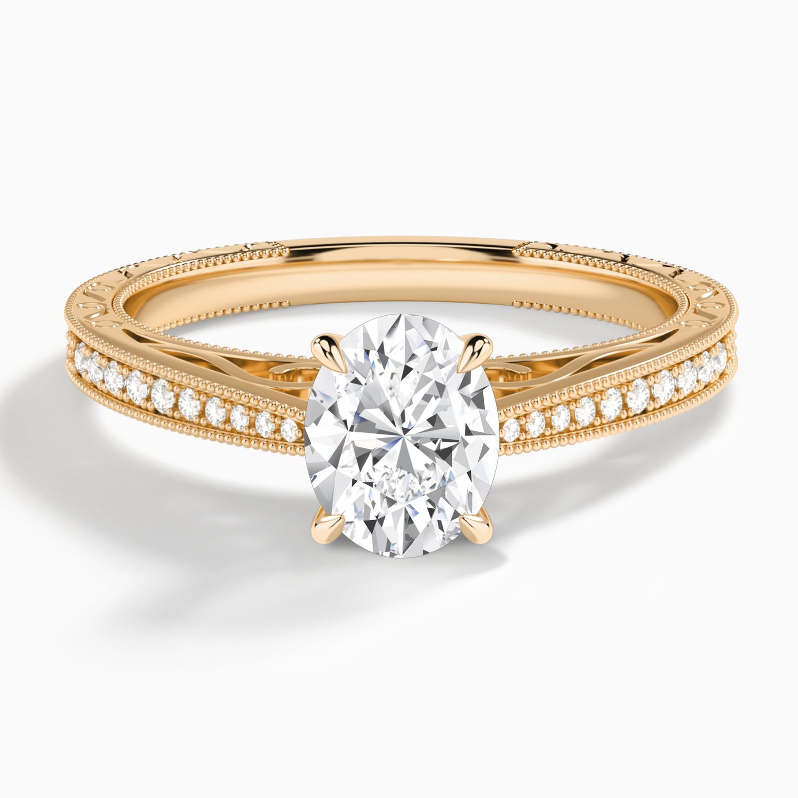 Oval Engraved And Pavé Lab Grown Diamond Engagement Ring In 14K Rose Gold - Lucenjuri