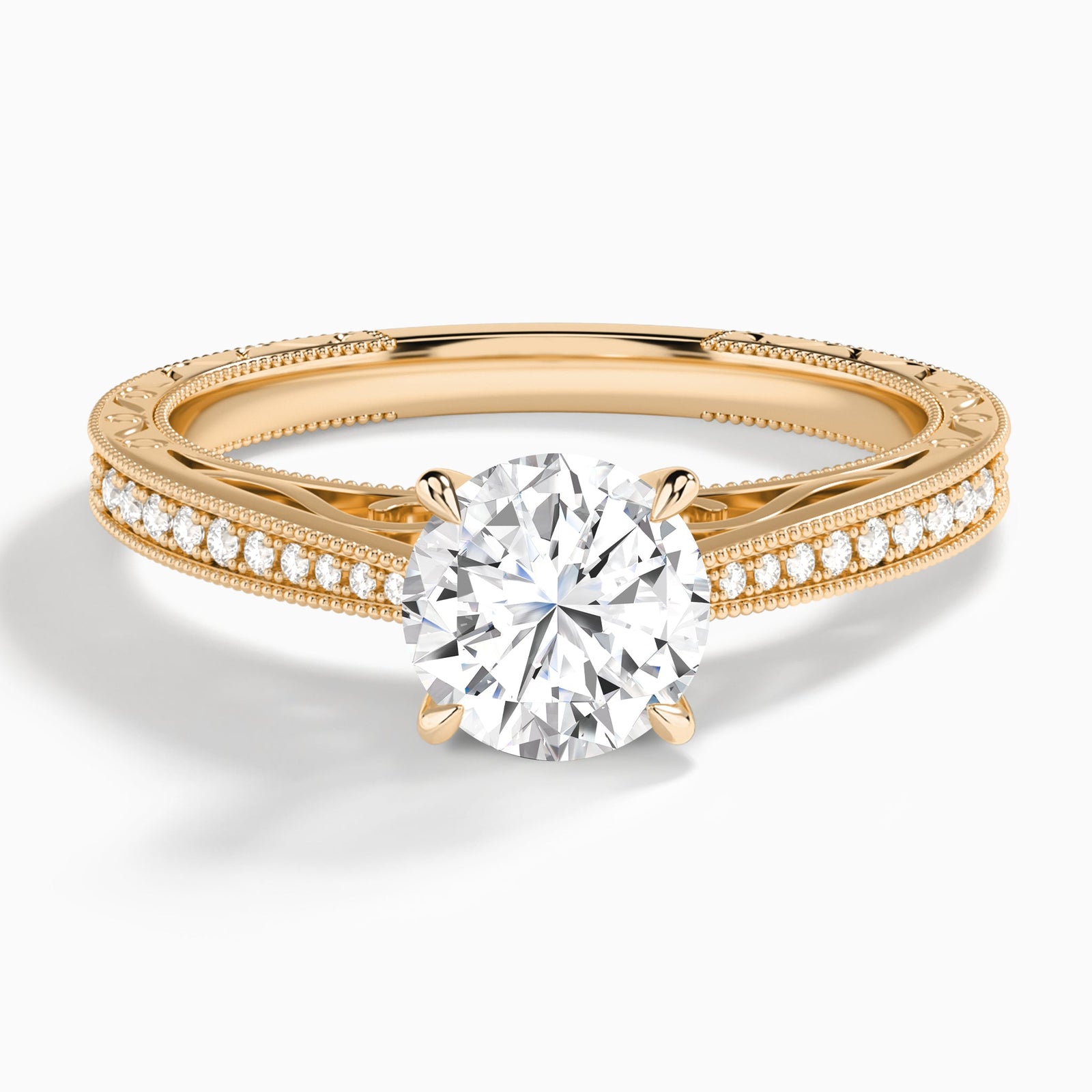 Round Engraved And Pavé Lab Grown Diamond Engagement Ring In 14K Rose Gold - Lucenjuri
