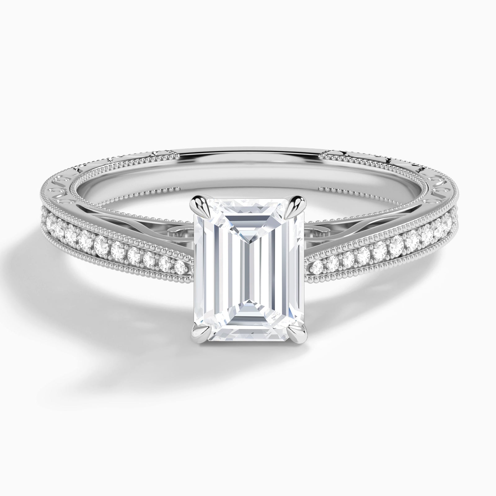 Emerald Engraved And Pavé Lab Grown Diamond Engagement Ring In 14K White Gold - Lucenjuri