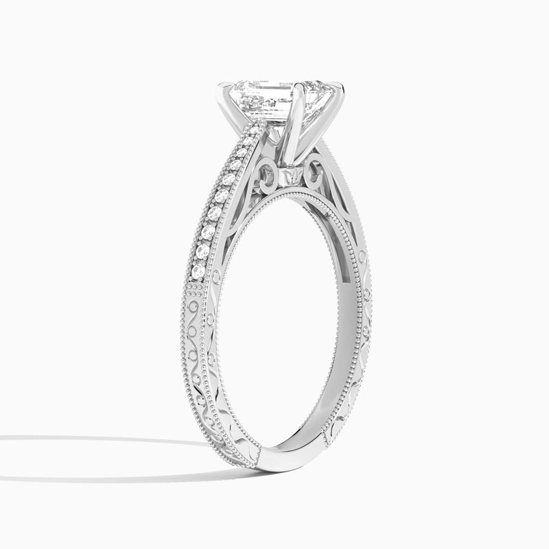 Emerald Engraved And Pavé Lab Grown Diamond Engagement Ring In 14K White Gold, Angle View