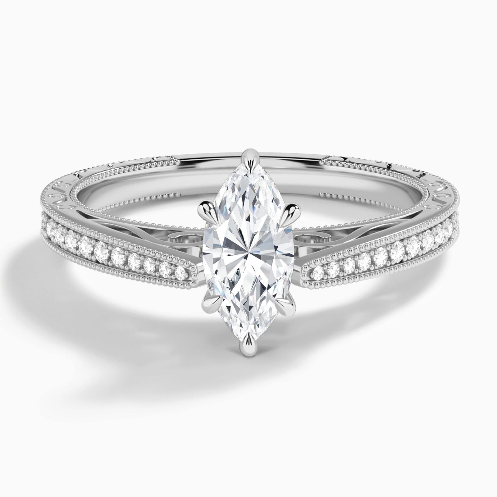 Marquise Engraved And Pavé Lab Grown Diamond Engagement Ring In 14K White Gold - Lucenjuri