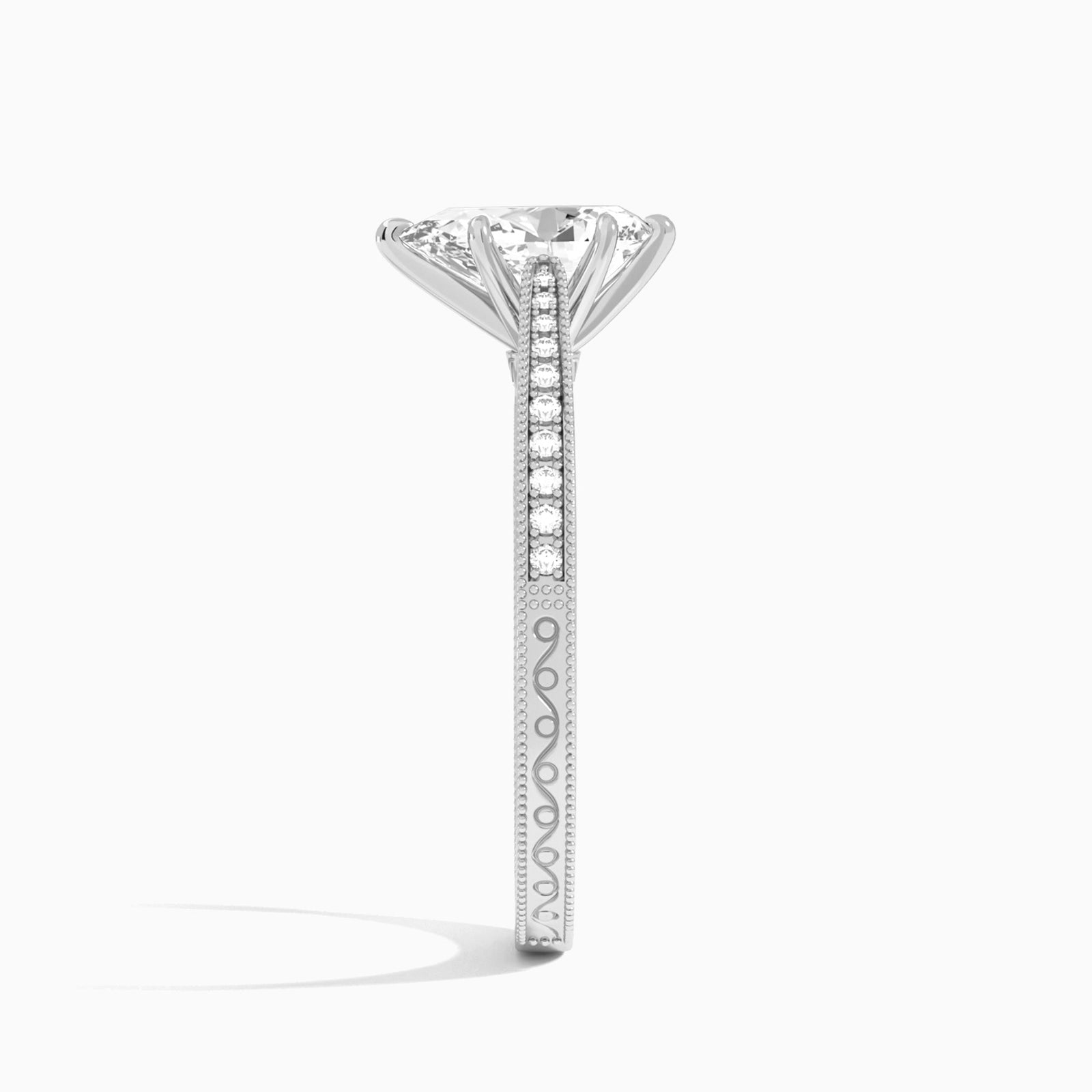Pear Engraved And Pavé Lab Grown Diamond Engagement Ring In 14K White Gold, Side View