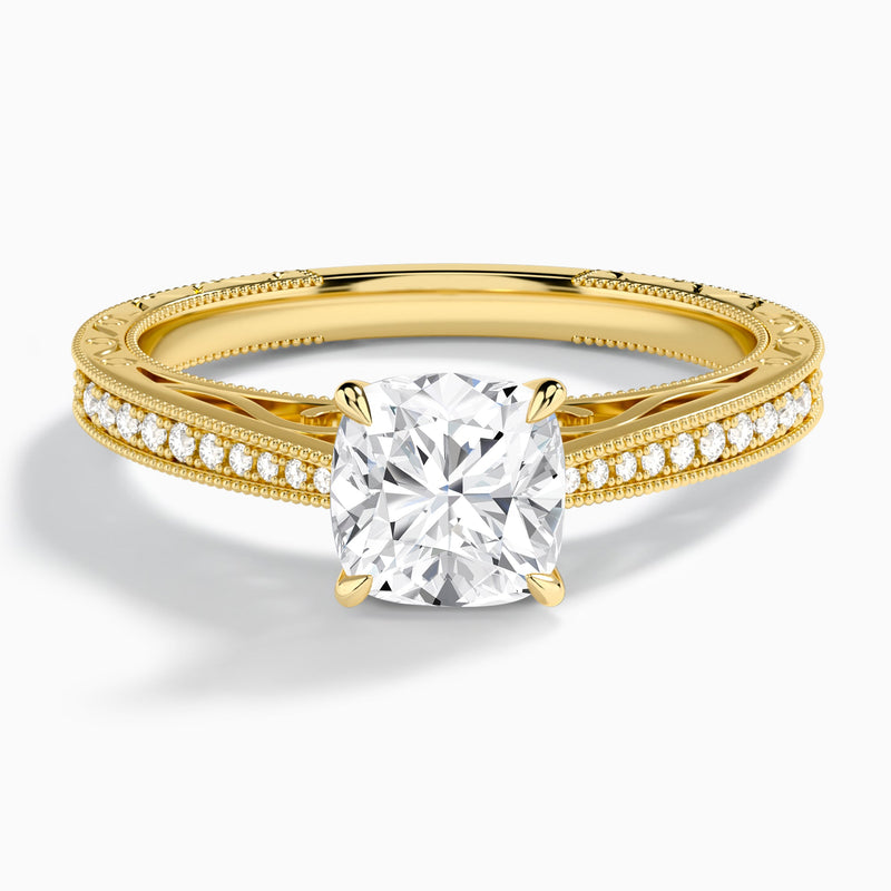 Cushion Engraved And Pavé Lab Grown Diamond Engagement Ring In 14K Yellow Gold - Lucenjuri