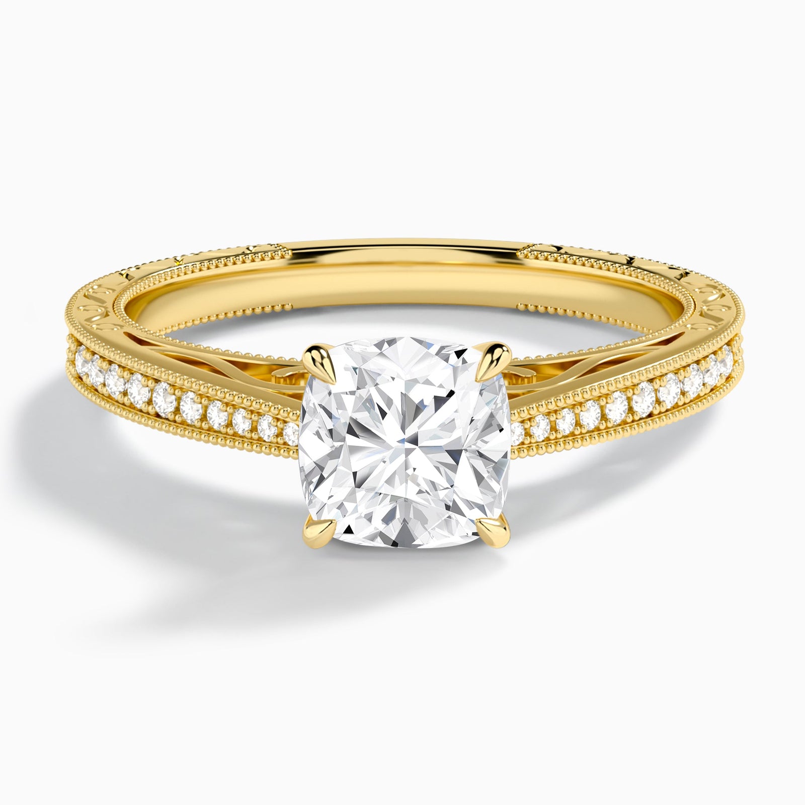 Cushion Engraved And Pavé Lab Grown Diamond Engagement Ring In 14K Yellow Gold - Lucenjuri