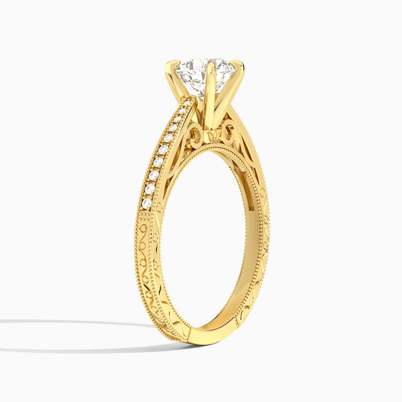 Cushion Engraved And Pavé Lab Grown Diamond Engagement Ring In 14K Yellow Gold, Angle View