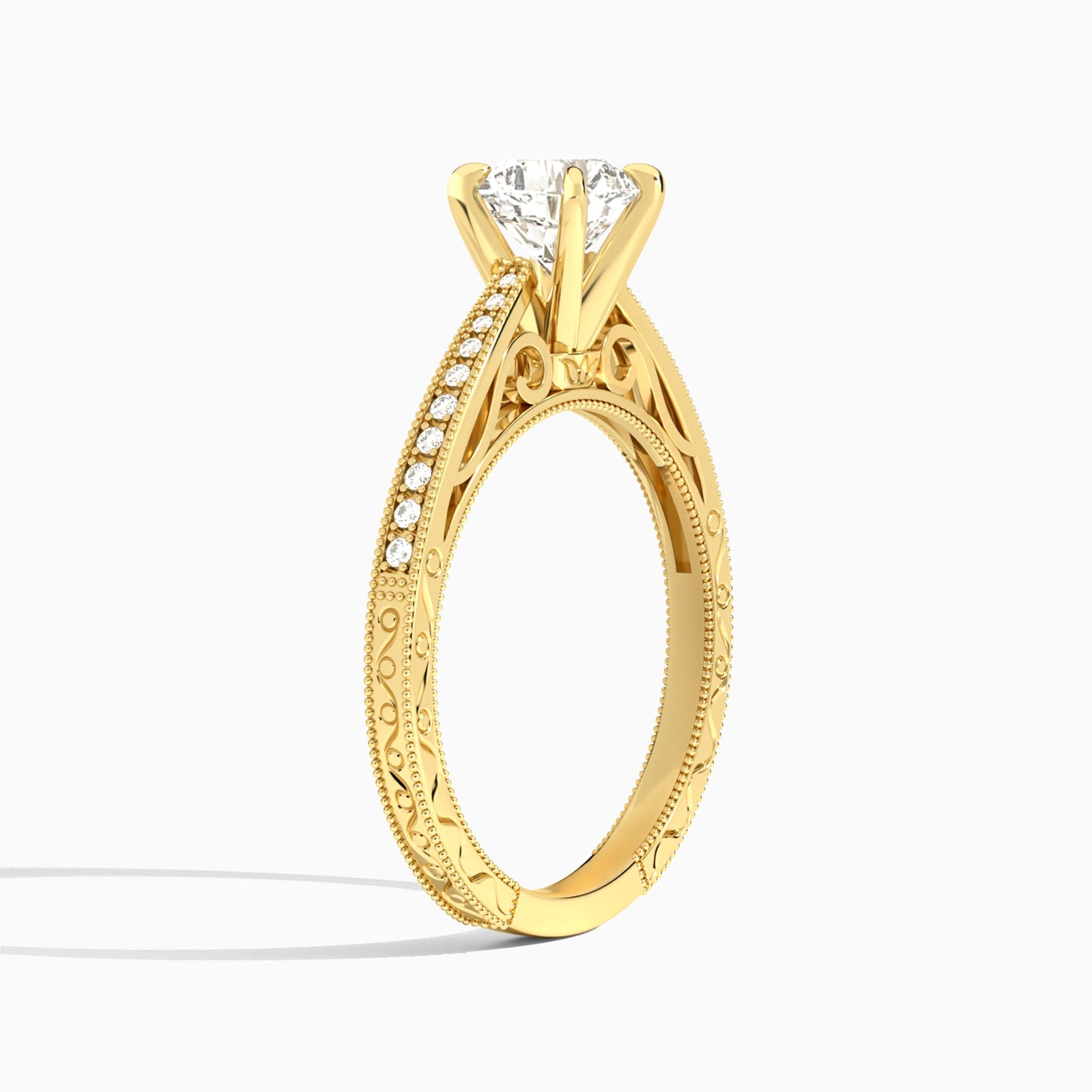 Cushion Engraved And Pavé Lab Grown Diamond Engagement Ring In 14K Yellow Gold, Angle View