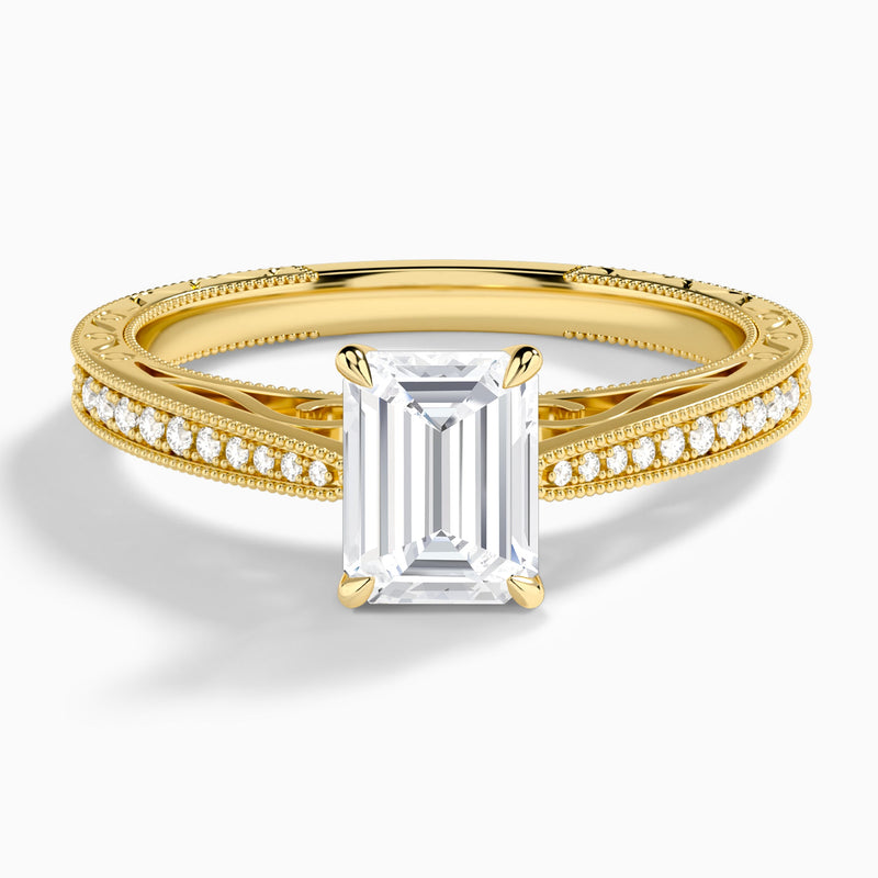 Emerald Engraved And Pavé Lab Grown Diamond Engagement Ring In 14K Yellow Gold - Lucenjuri