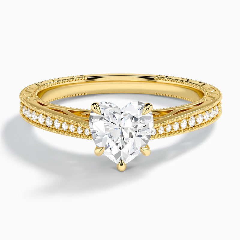 Heart Engraved And Pavé Lab Grown Diamond Engagement Ring In 14K Yellow Gold - Lucenjuri