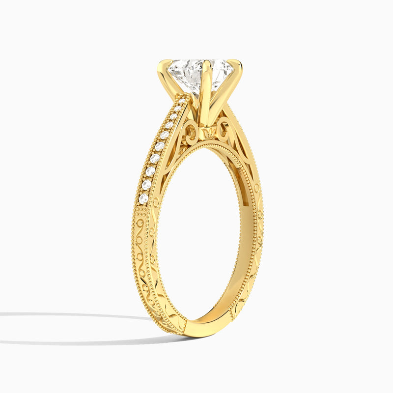 Heart Engraved And Pavé Lab Grown Diamond Engagement Ring In 14K Yellow Gold, Angle View