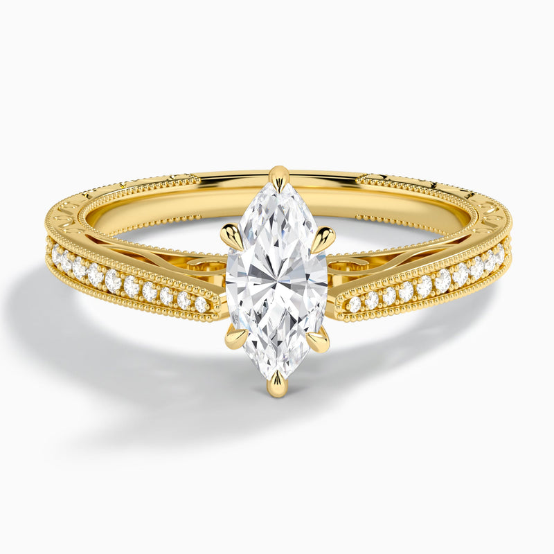 Marquise Engraved And Pavé Lab Grown Diamond Engagement Ring In 14K Yellow Gold - Lucenjuri