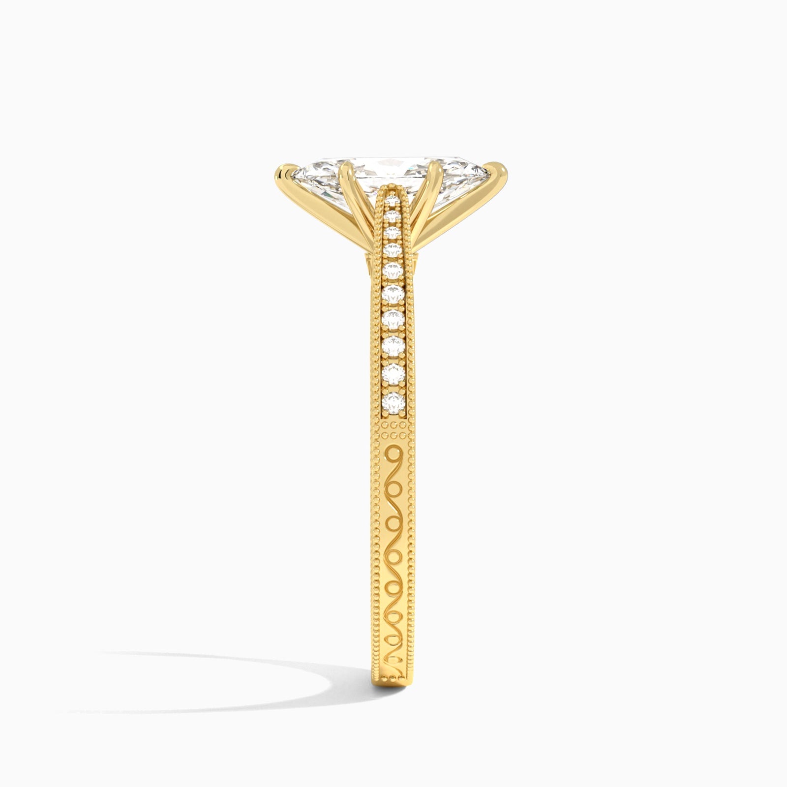 Marquise Engraved And Pavé Lab Grown Diamond Engagement Ring In 14K Yellow Gold, Side View