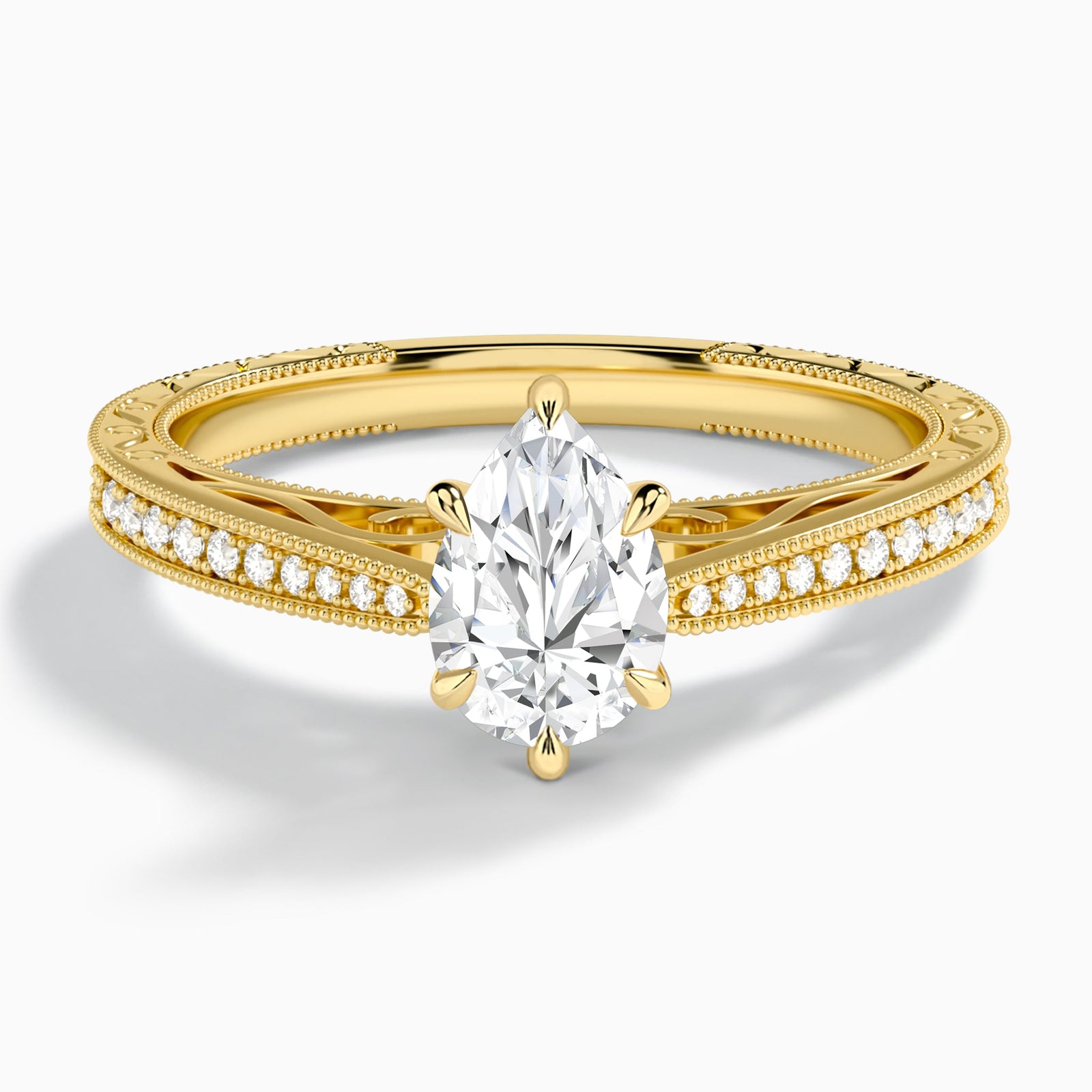 Pear Engraved And Pavé Lab Grown Diamond Engagement Ring In 14K Yellow Gold - Lucenjuri