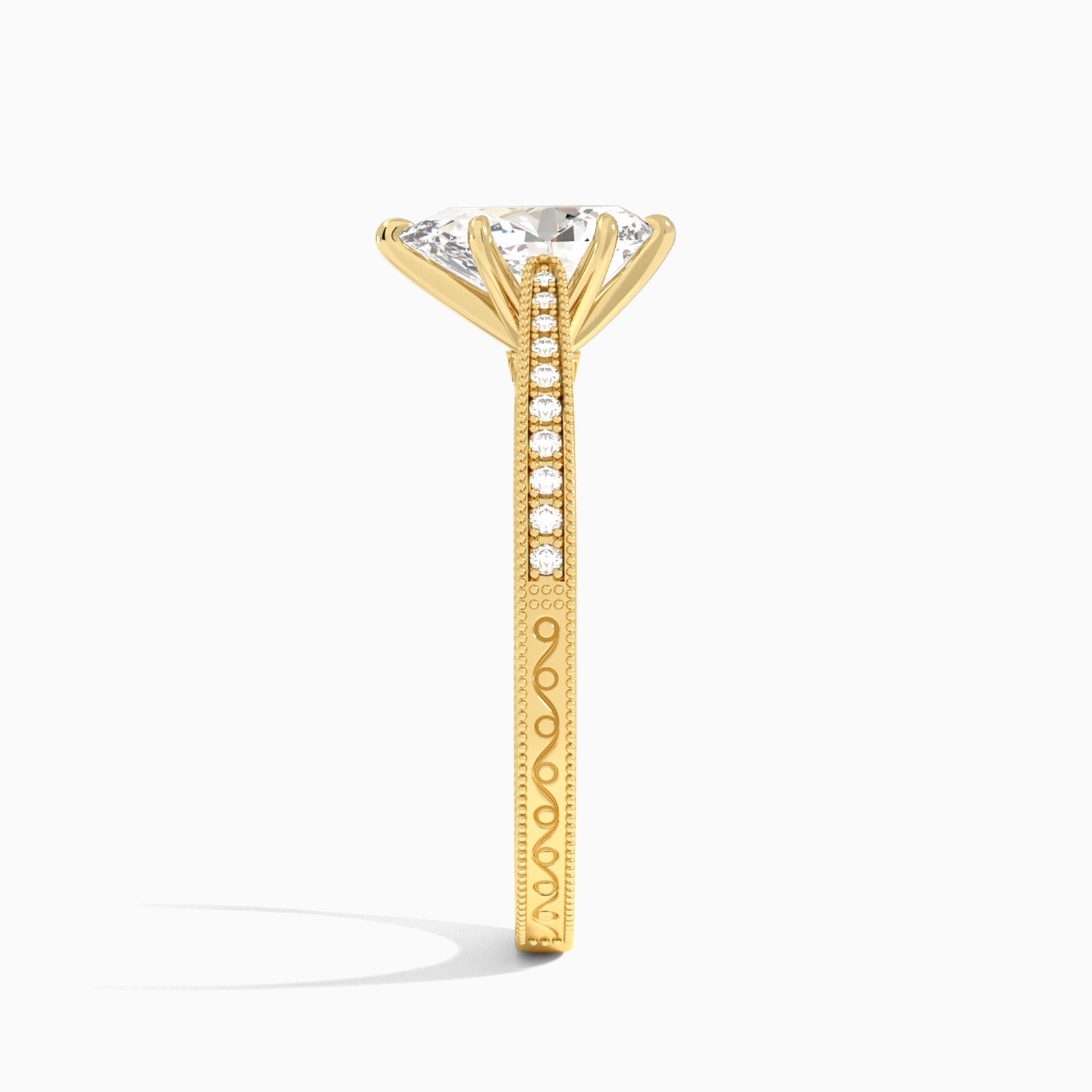 Pear Engraved And Pavé Lab Grown Diamond Engagement Ring In 14K Yellow Gold, Side View