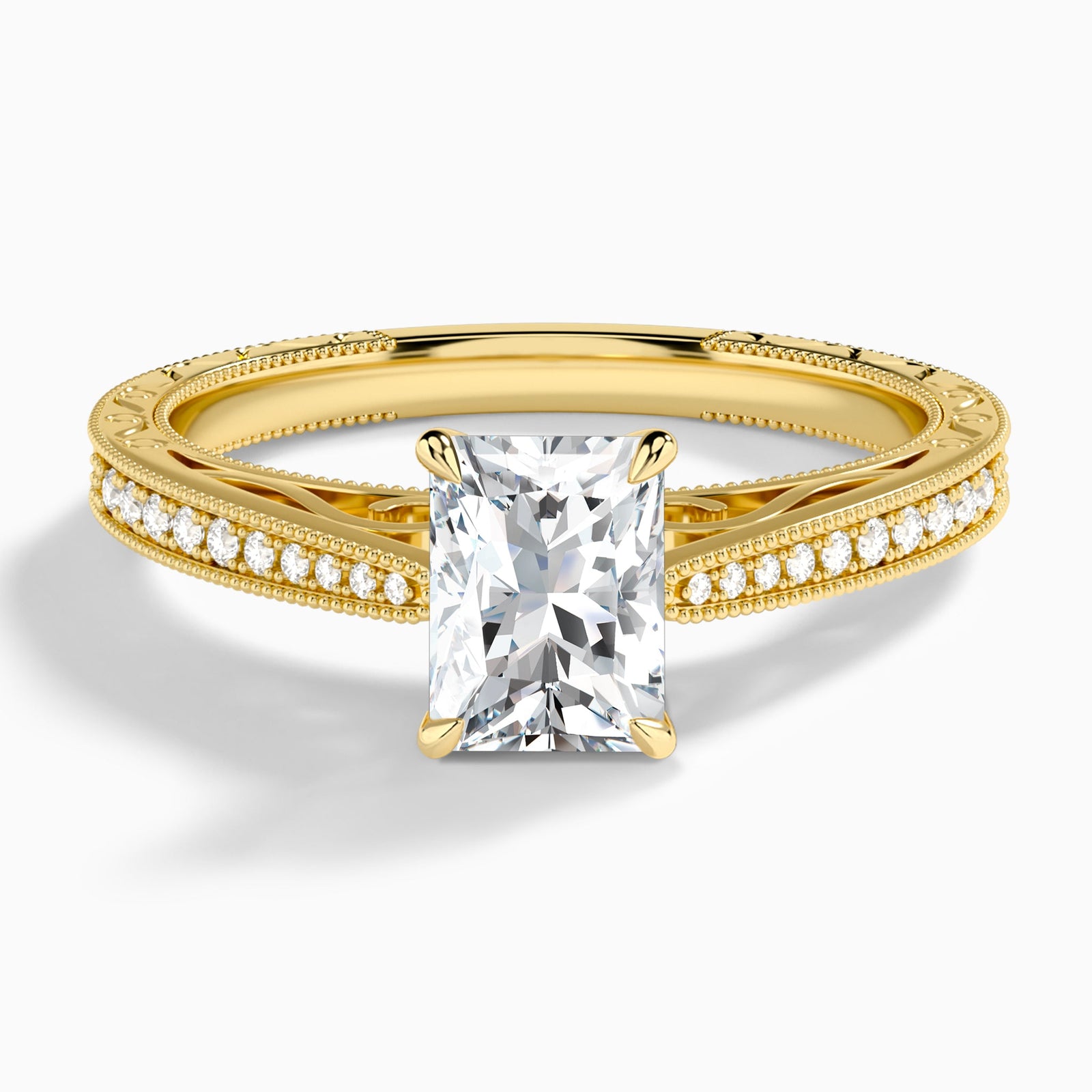 Radiant Engraved And Pavé Lab Grown Diamond Engagement Ring In 18K Yellow Gold - Lucenjuri