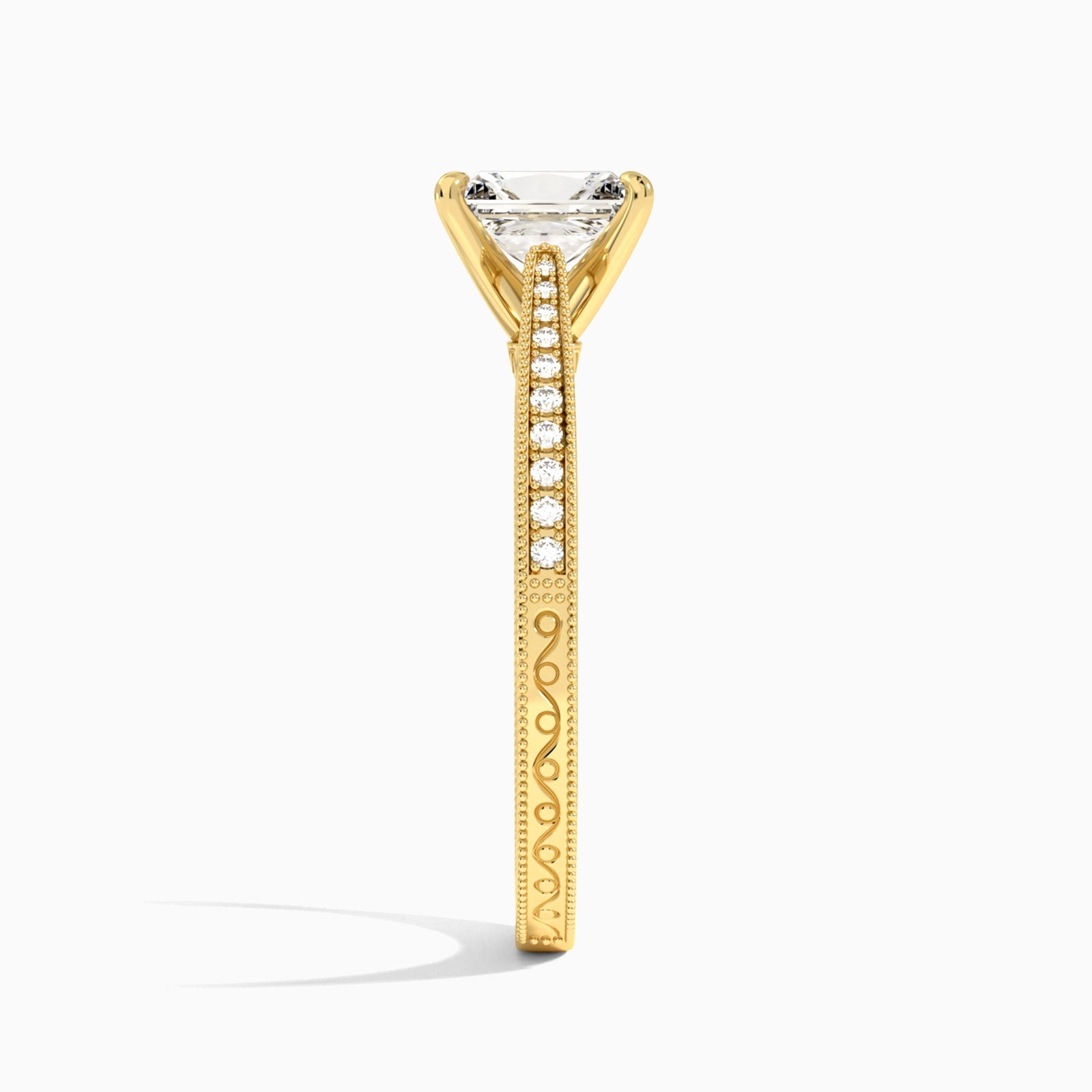 Radiant Engraved And Pavé Lab Grown Diamond Engagement Ring In 18K Yellow Gold, Side View
