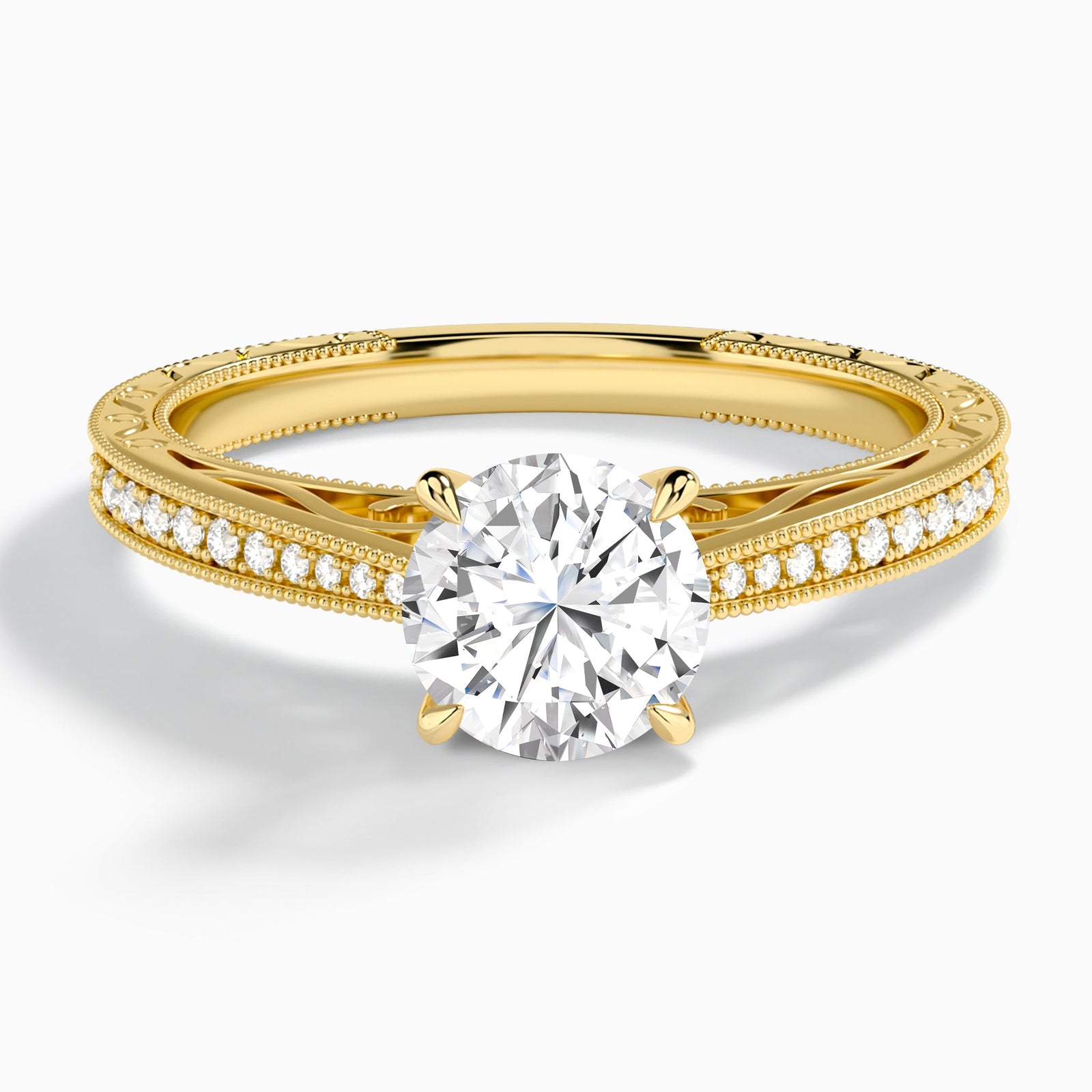 Round Engraved And Pavé Lab Grown Diamond Engagement Ring In 14K Yellow Gold - Lucenjuri