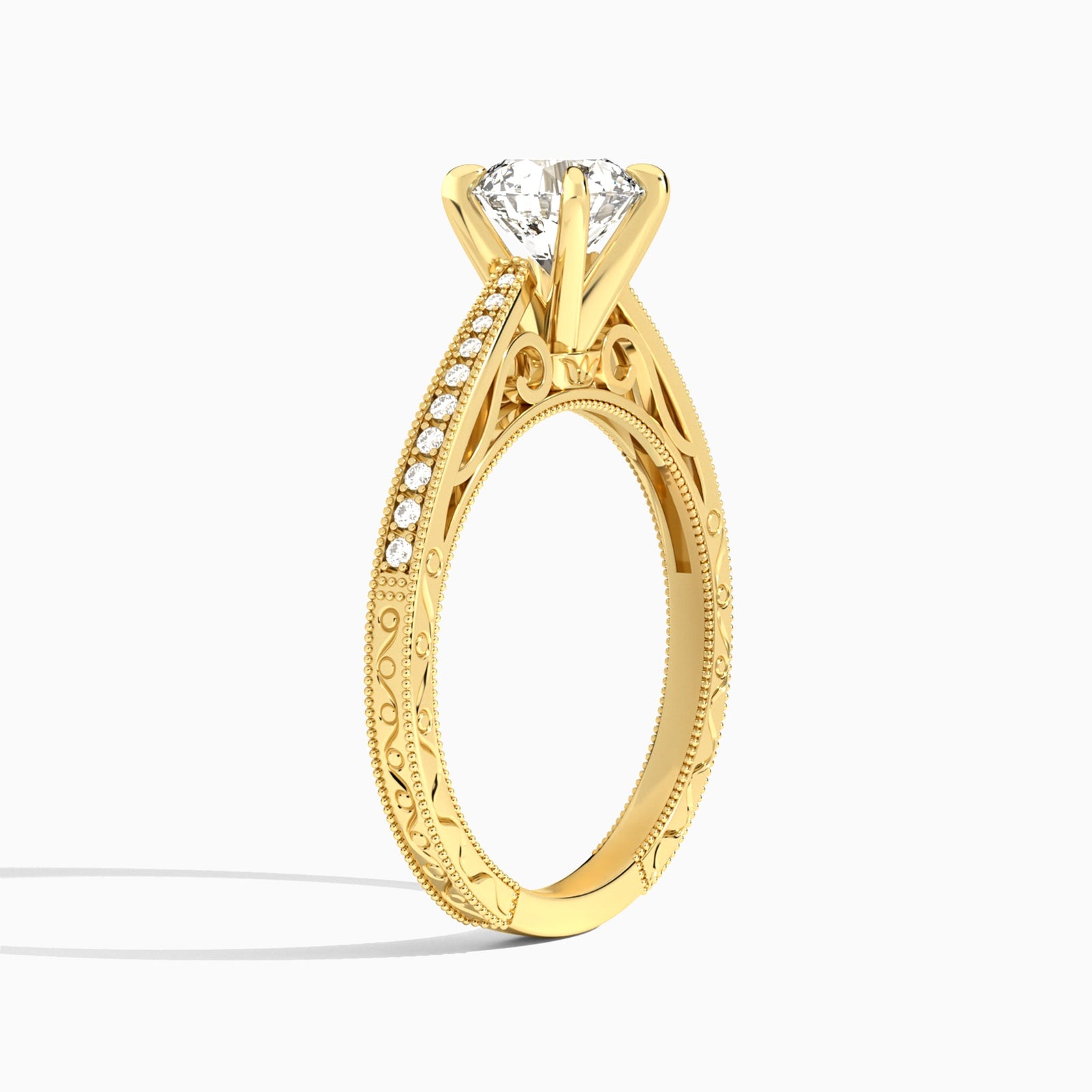 Round Engraved And Pavé Lab Grown Diamond Engagement Ring In 14K Yellow Gold, Angle View