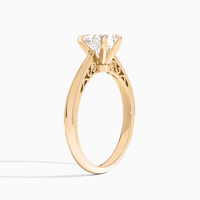 Heart Engraved Lab Grown Solitaire Diamond Engagement Ring In 14K Rose Gold, Angle View