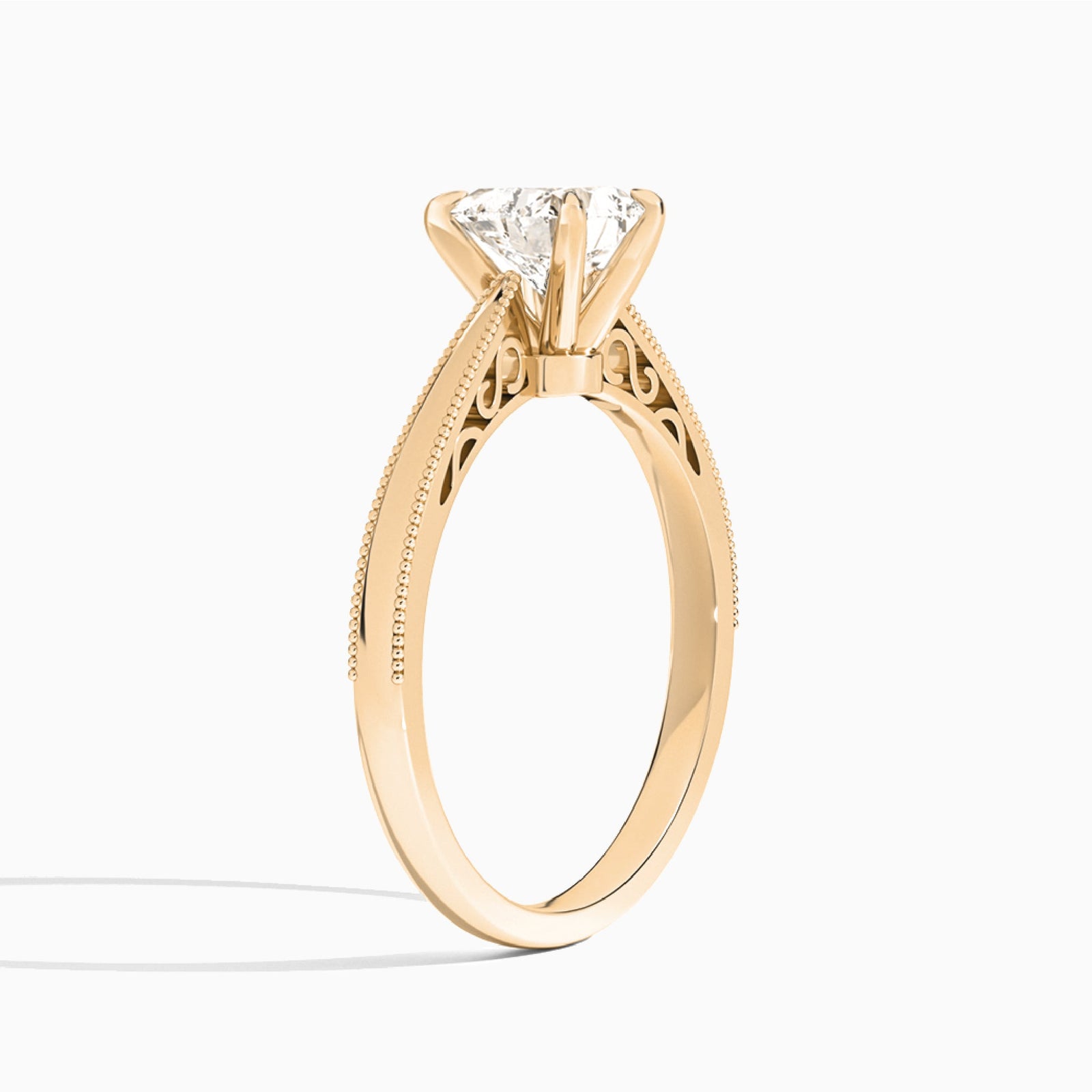 Heart Engraved Lab Grown Solitaire Diamond Engagement Ring In 14K Rose Gold, Angle View