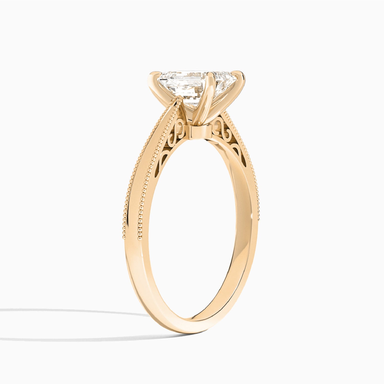 Radiant Engraved Lab Grown Solitaire Diamond Engagement Ring In 14K Rose Gold, Angle View
