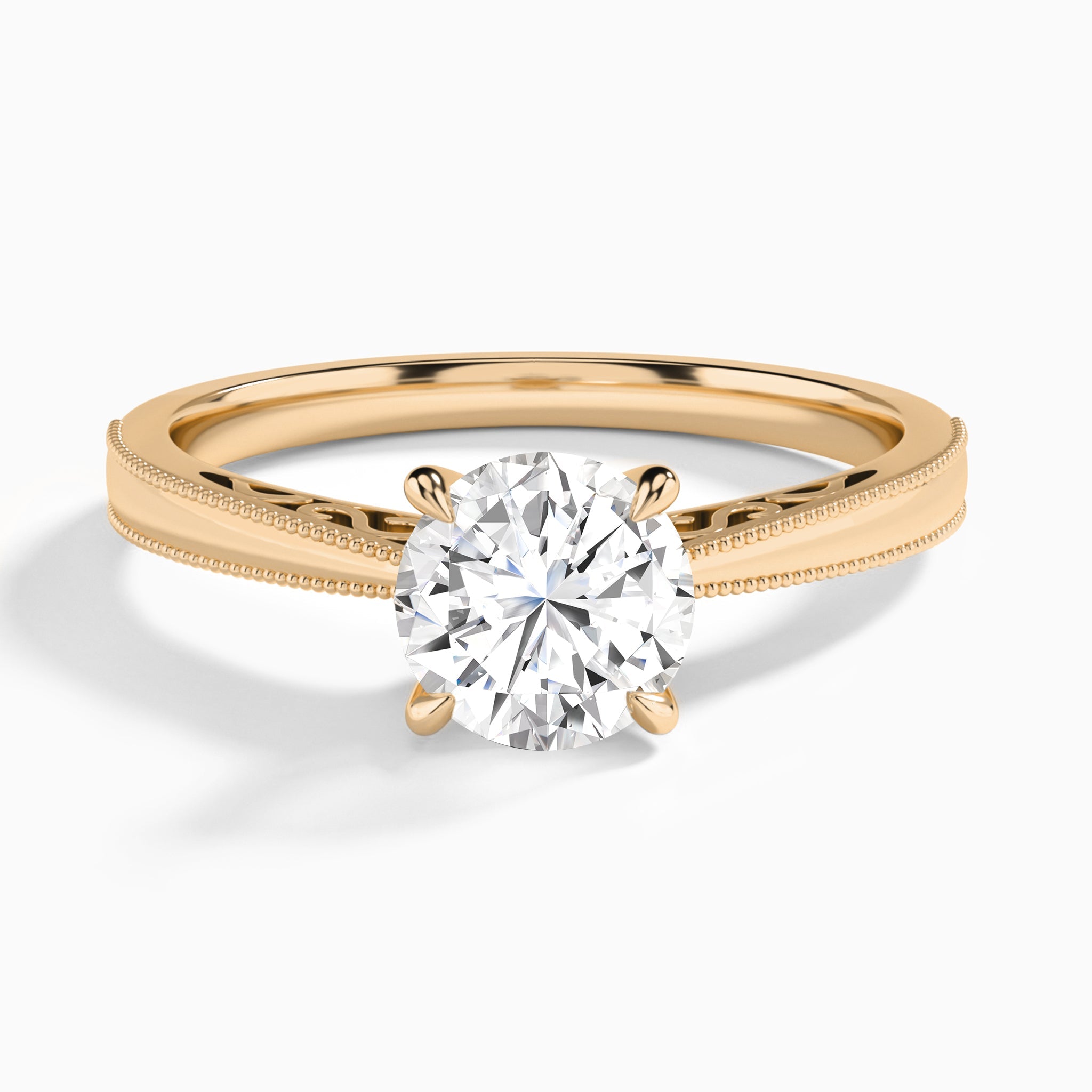 Round Engraved Lab Grown Solitaire Diamond Engagement Ring In 14K Rose Gold - Lucenjuri