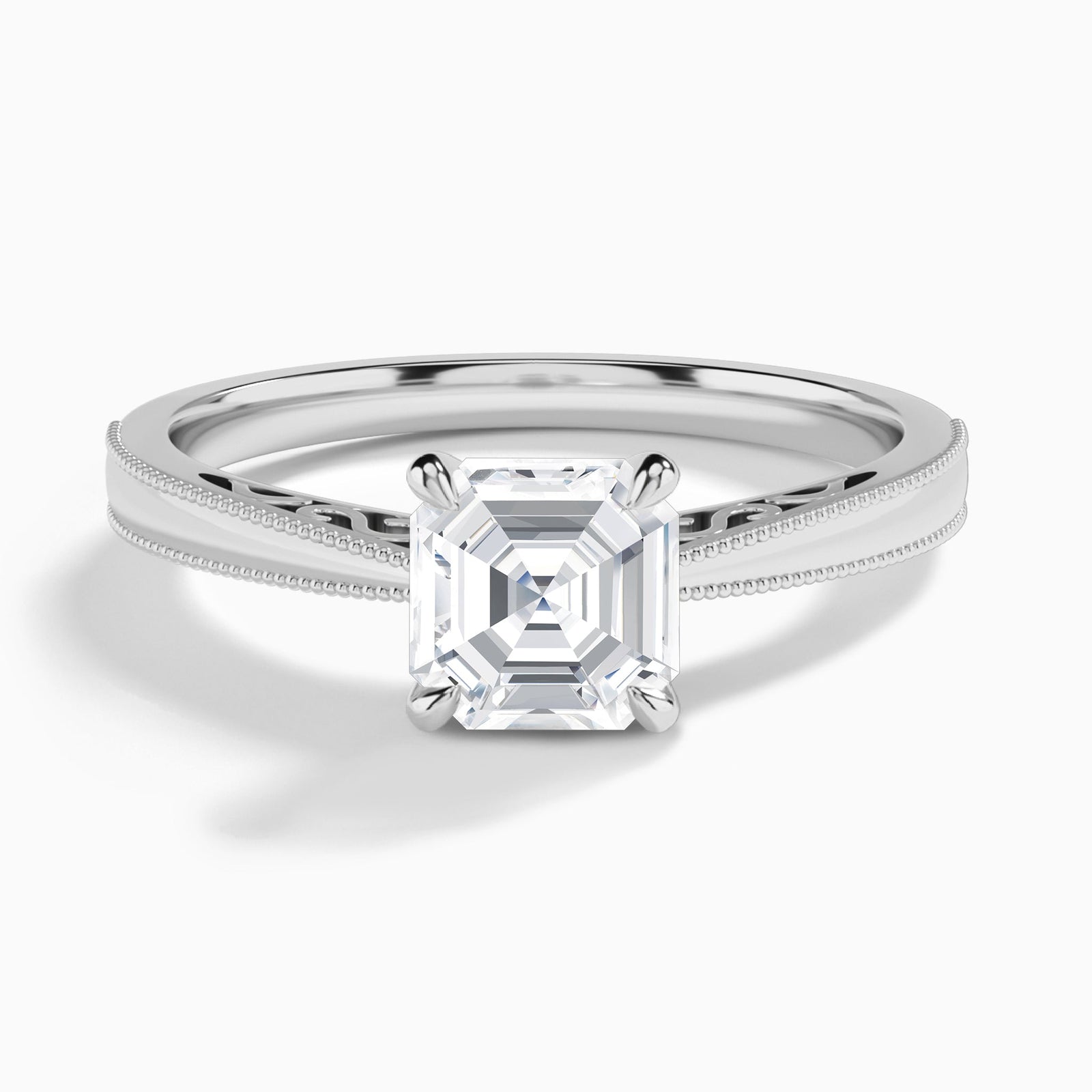 Asscher Engraved Lab Grown Solitaire Diamond Engagement Ring In 18K White Gold - Lucenjuri