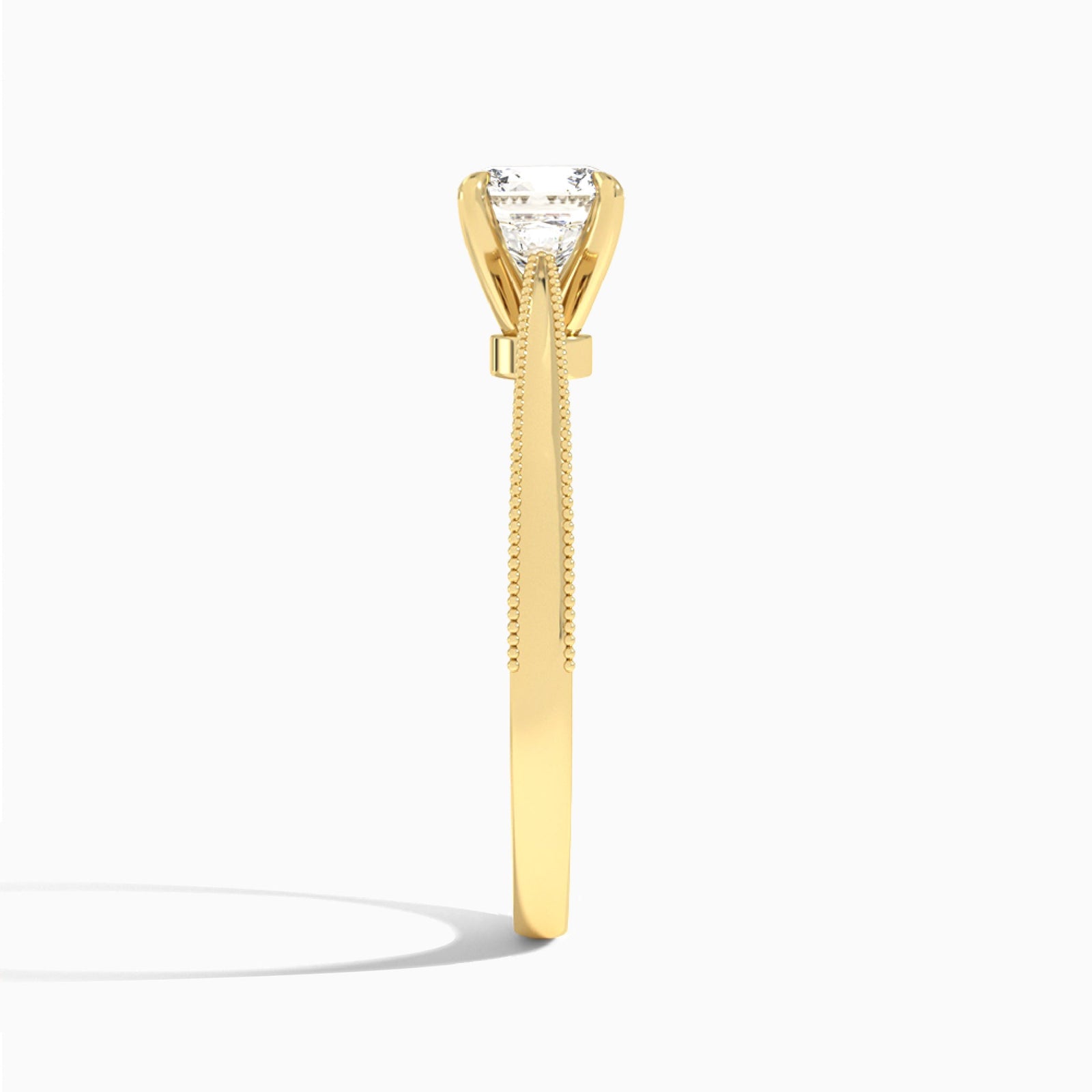Cushion Engraved Lab Grown Solitaire Diamond Engagement Ring In 18K Yellow Gold, Side View