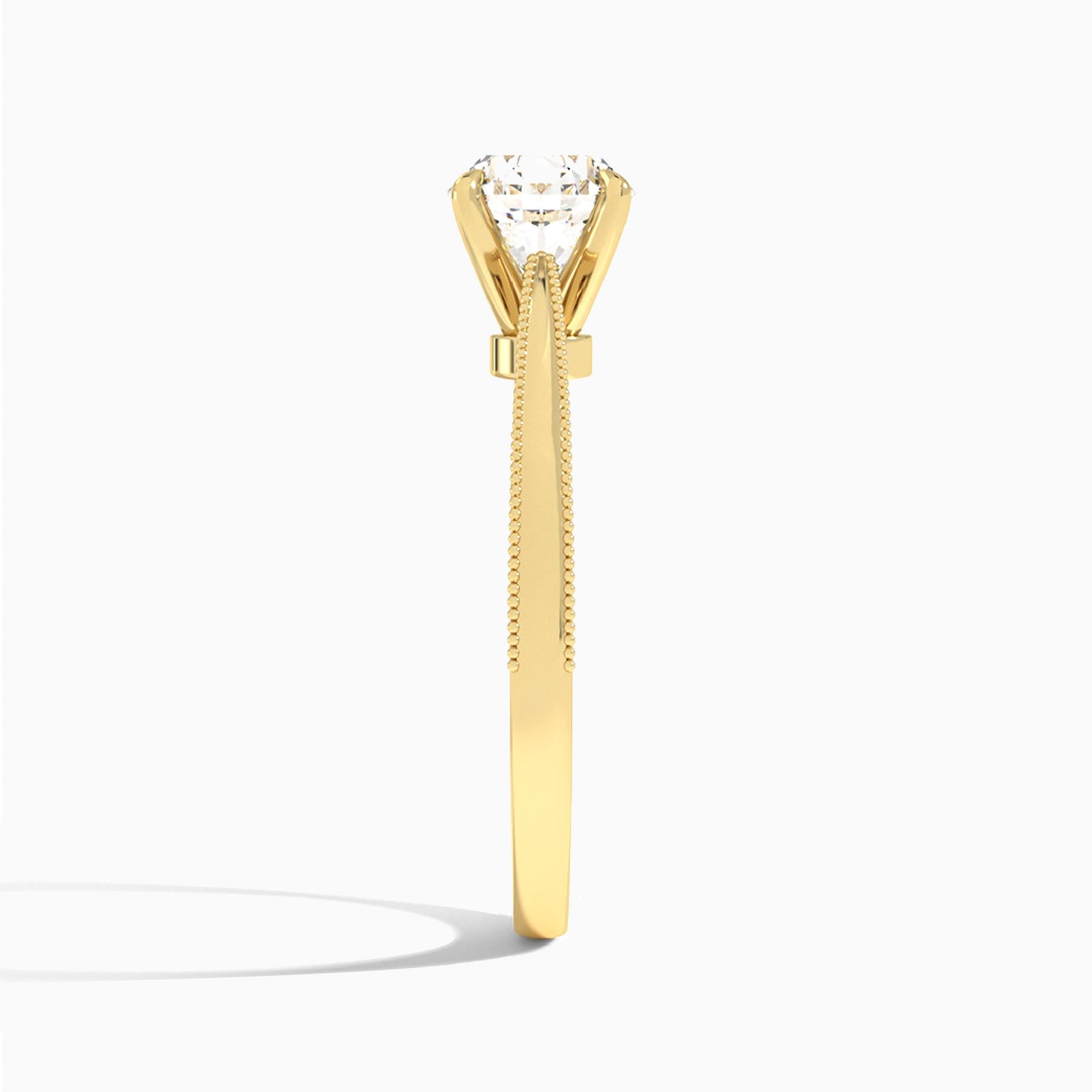 Round Engraved Lab Grown Solitaire Diamond Engagement Ring In 18K Yellow Gold, Side View