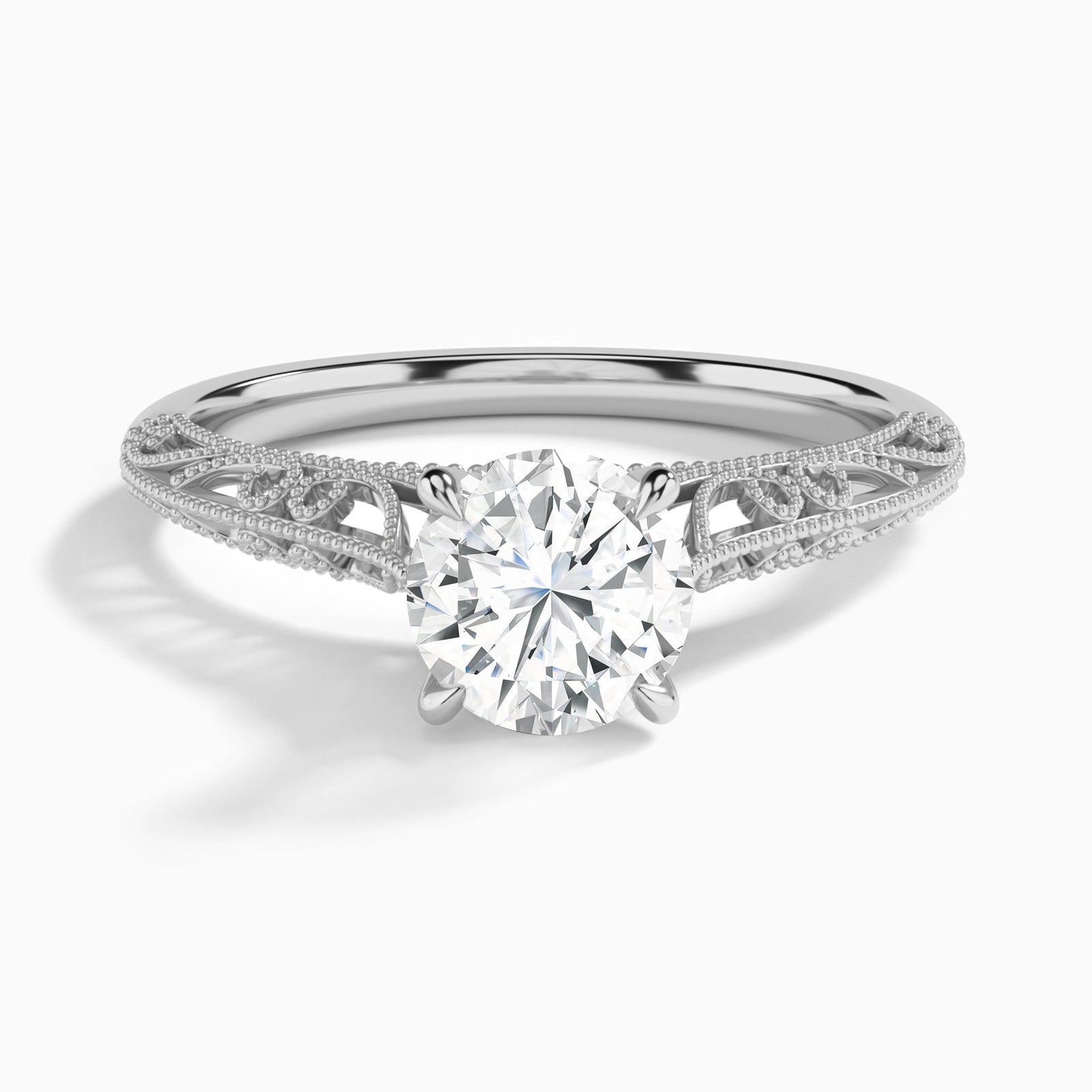 Round Vintage Filigree Lab Grown Diamond Engagement Ring In Platinum - Lucenjuri