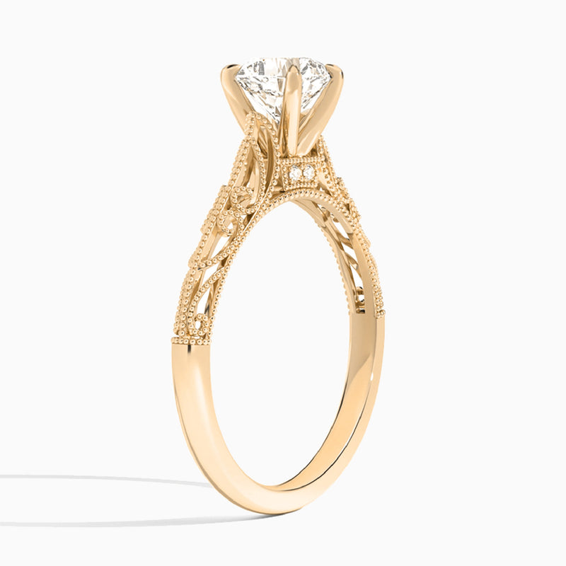 Cushion Vintage Filigree Lab Grown Diamond Engagement Ring In 14K Rose Gold, Angle View