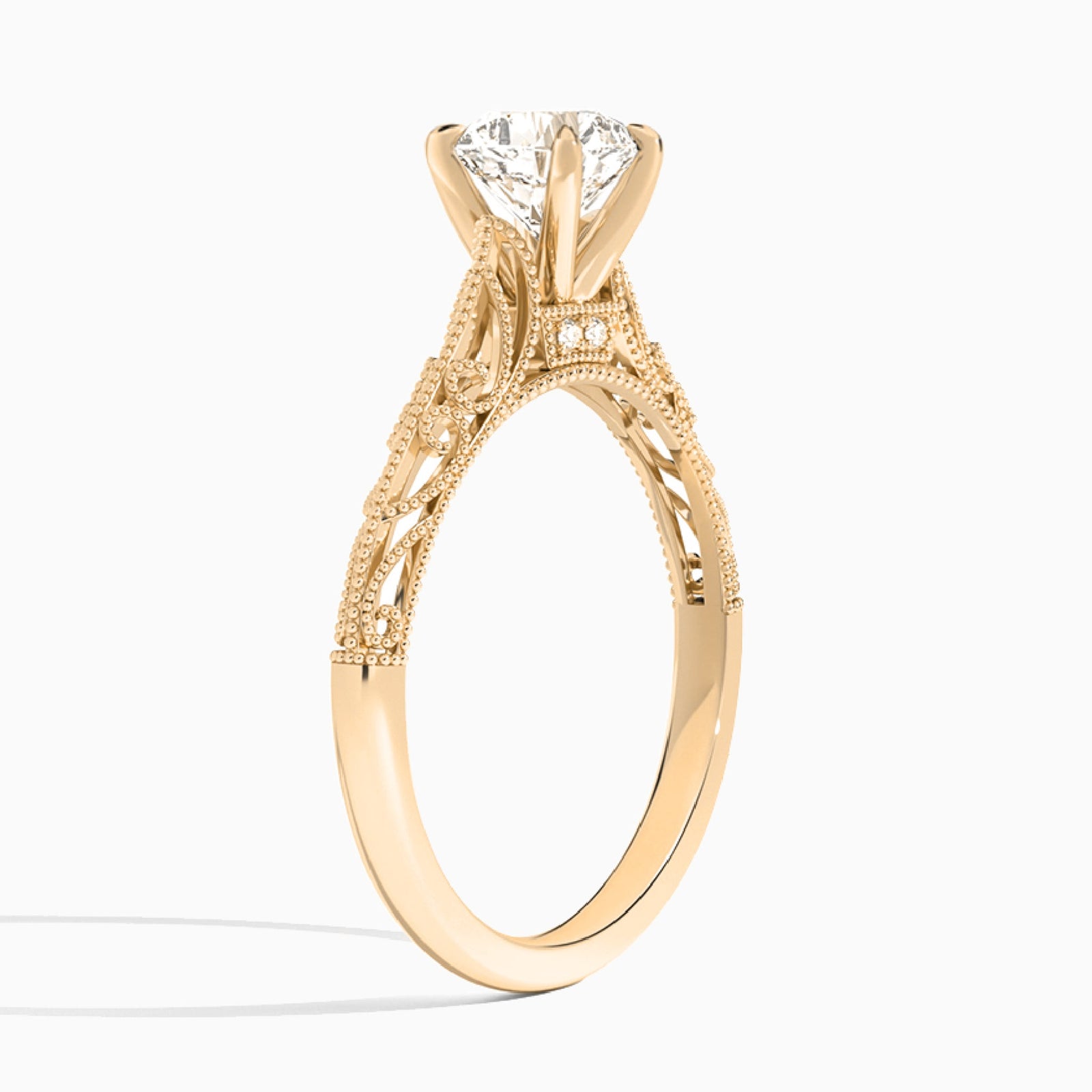 Cushion Vintage Filigree Lab Grown Diamond Engagement Ring In 14K Rose Gold, Angle View
