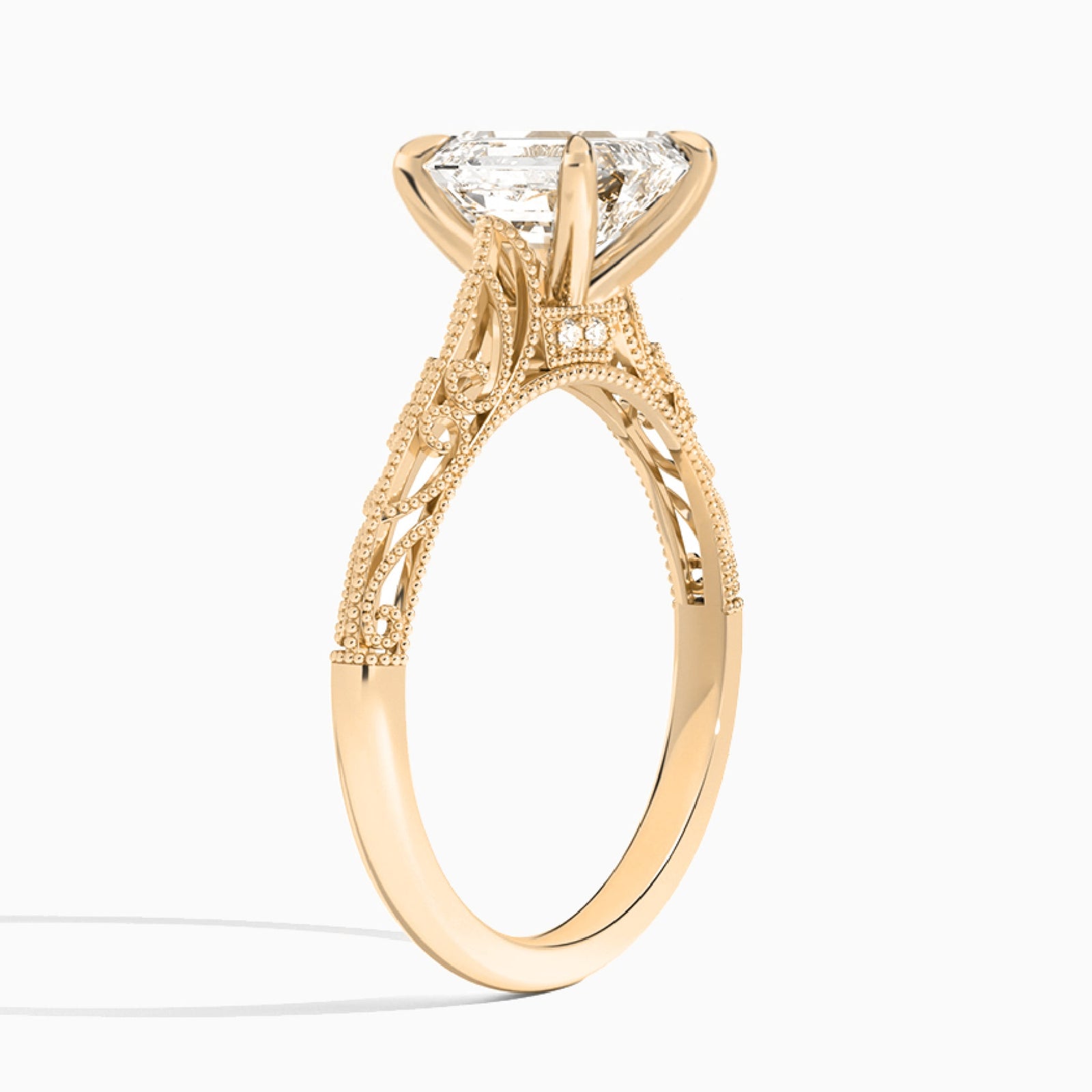 Emerald Vintage Filigree Lab Grown Diamond Engagement Ring In 14K Rose Gold, Angle View