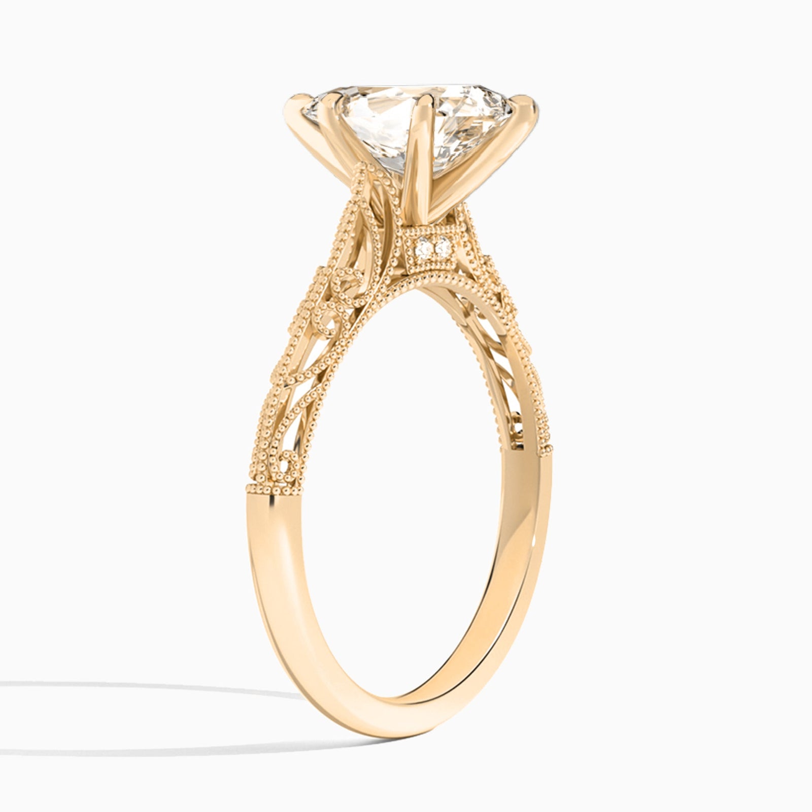 Pear Vintage Filigree Lab Grown Diamond Engagement Ring In 14K Rose Gold, Angle View