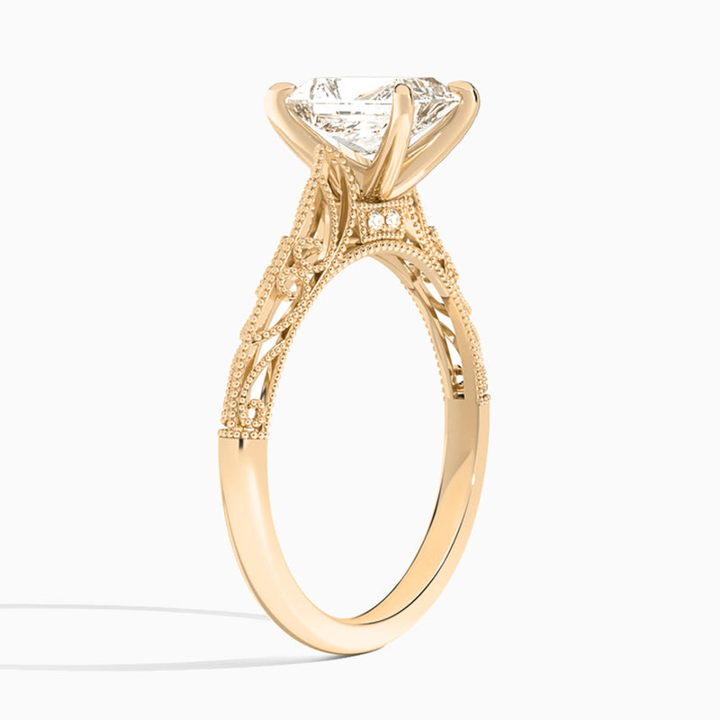 Radiant Vintage Filigree Lab Grown Diamond Engagement Ring In 14K Rose Gold, Angle View