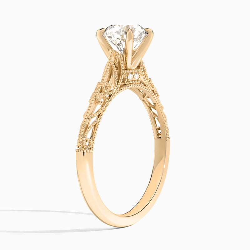 Round Vintage Filigree Lab Grown Diamond Engagement Ring In 14K Rose Gold, Angle View