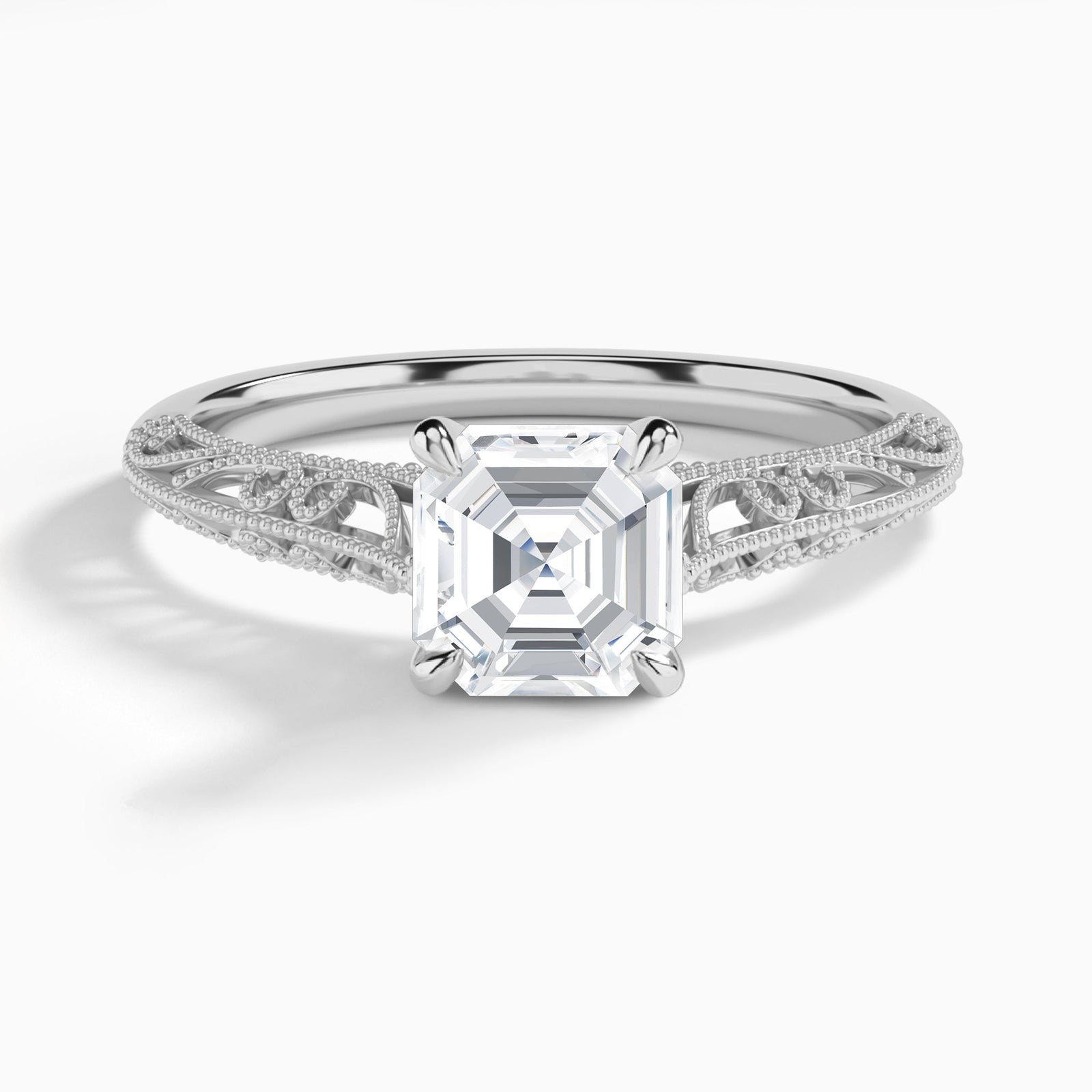 Asscher Vintage Filigree Lab Grown Diamond Engagement Ring In 18K White Gold - Lucenjuri