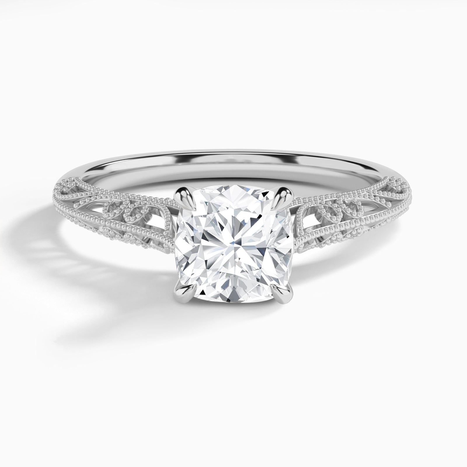 Cushion Vintage Filigree Lab Grown Diamond Engagement Ring In 14K White Gold - Lucenjuri