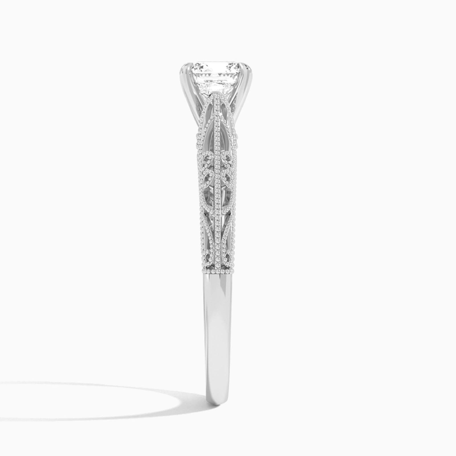 Cushion Vintage Filigree Lab Grown Diamond Engagement Ring In 14K White Gold, Side View