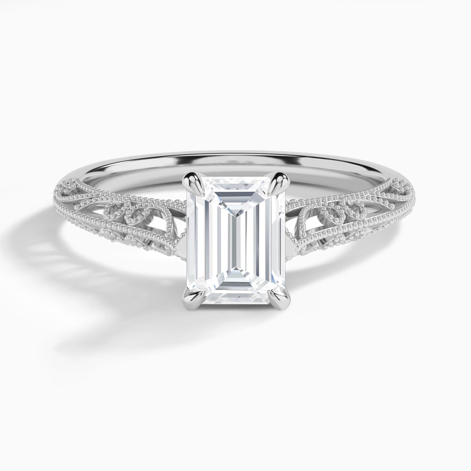 Emerald Vintage Filigree Lab Grown Diamond Engagement Ring In 14K White Gold - Lucenjuri