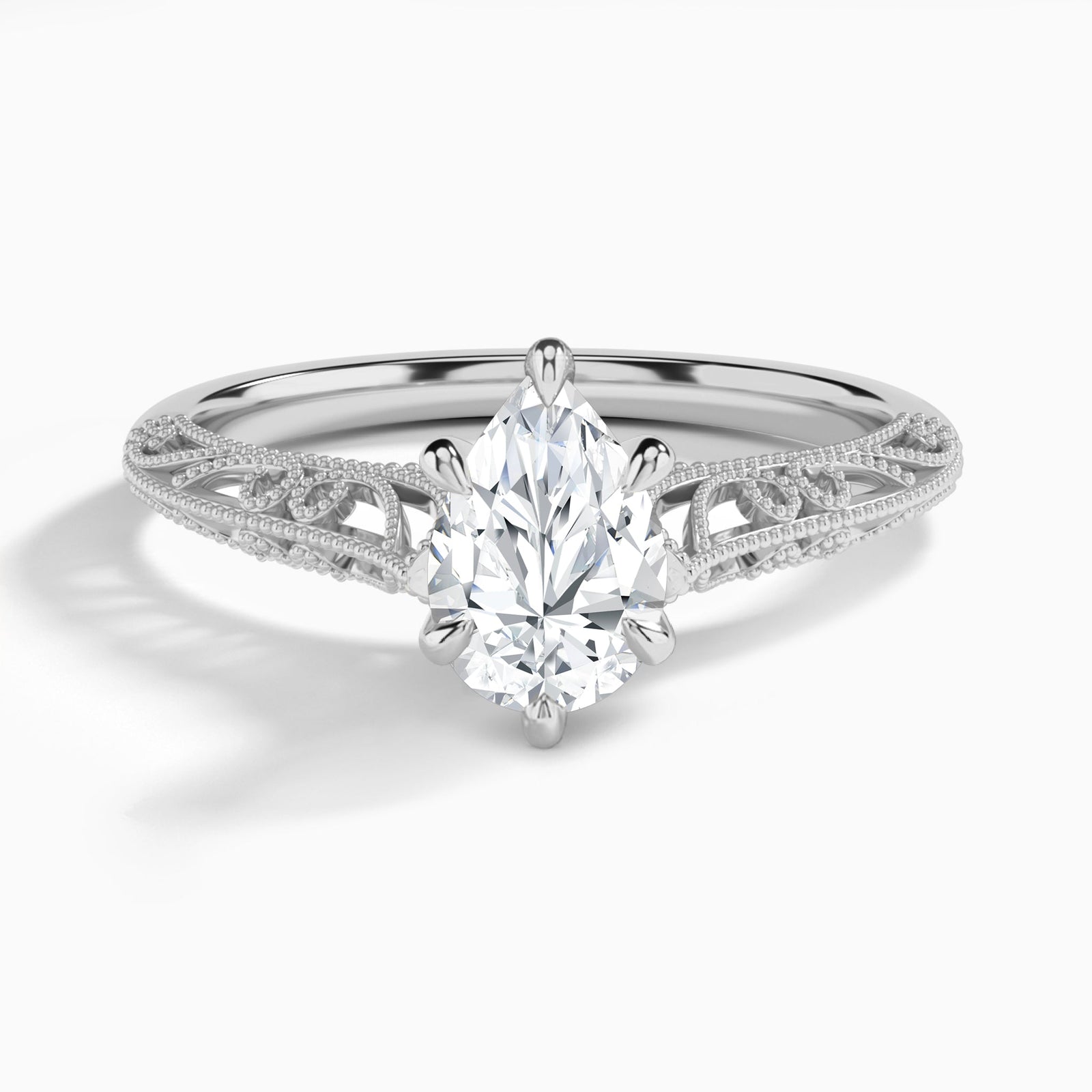 Pear Vintage Filigree Lab Grown Diamond Engagement Ring In 14K White Gold - Lucenjuri
