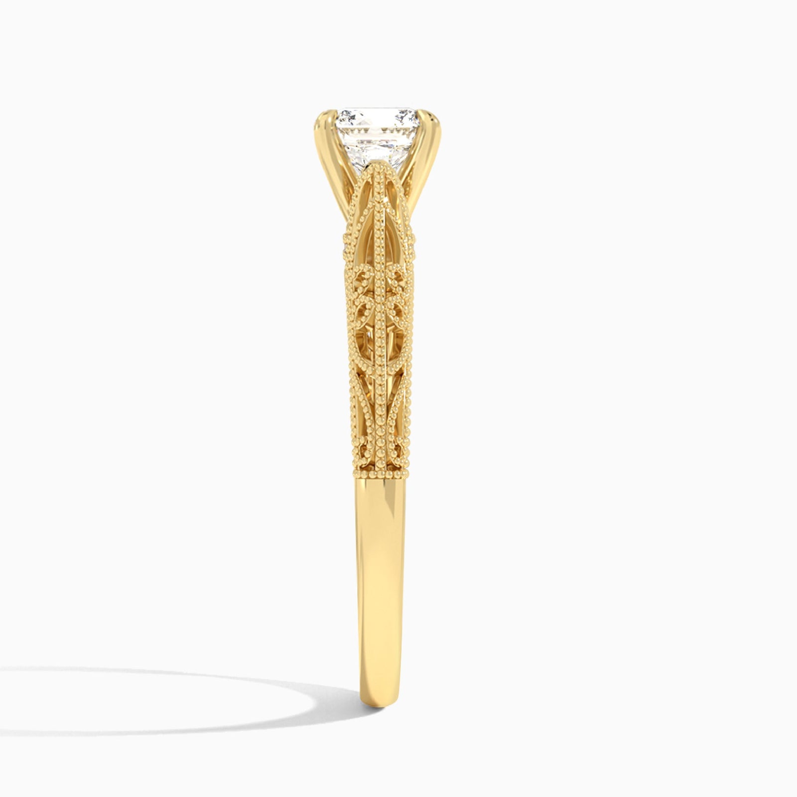 Cushion Vintage Filigree Lab Grown Diamond Engagement Ring In 18K Yellow Gold, Side View