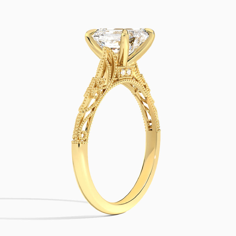 Emerald Vintage Filigree Lab Grown Diamond Engagement Ring In 14K Yellow Gold, Angle View