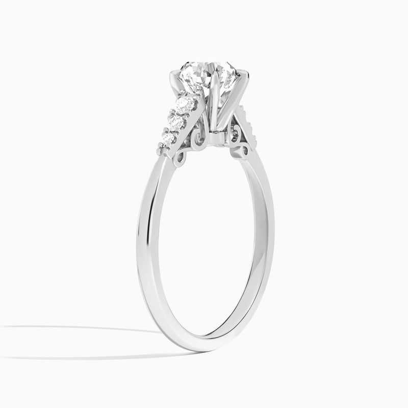 Round Ava Cathedral Engagement Ring In 14K White Gold, Angle View