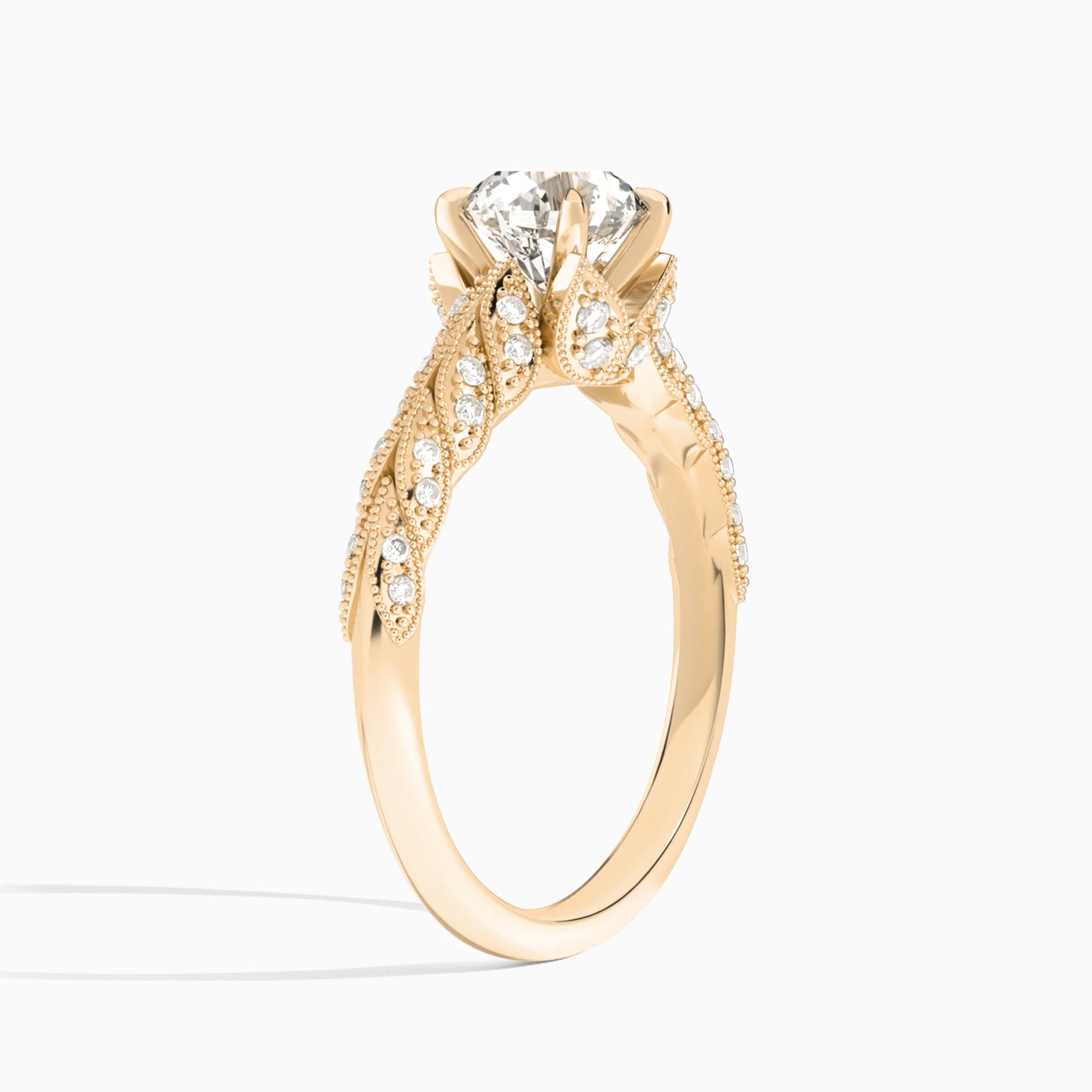 Round Laurel Diamond Engageemnt Ring In 14K Rose Gold, Angle View