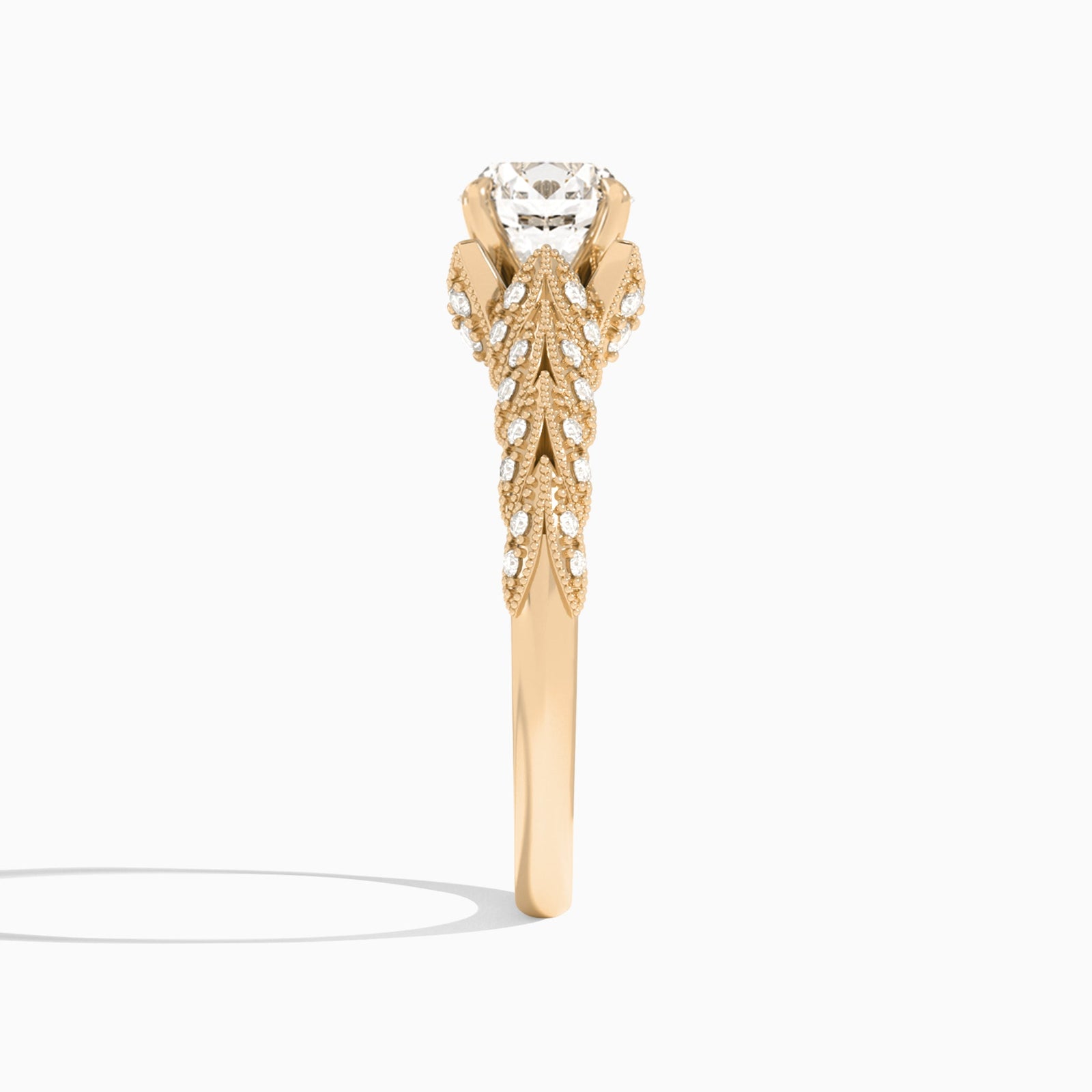 Round Laurel Diamond Engageemnt Ring In 14K Rose Gold, Side View