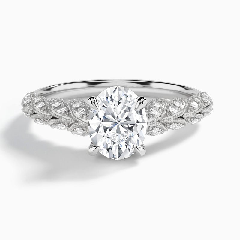 Oval Laurel Diamond Engageemnt Ring In 14K White Gold - Lucenjuri