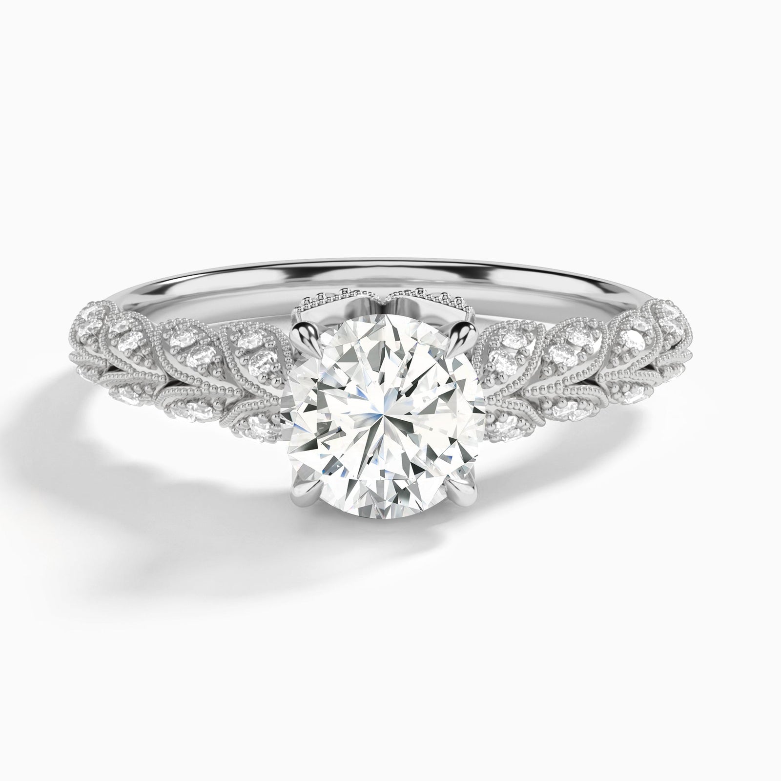Round Laurel Diamond Engageemnt Ring In 14K White Gold - Lucenjuri