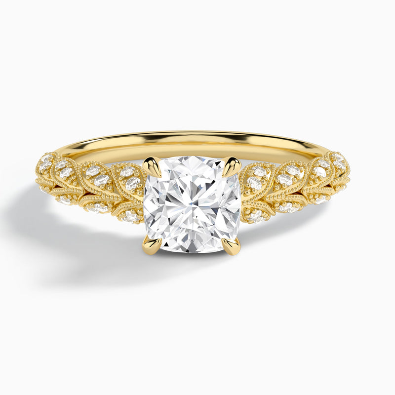 Cushion Laurel Diamond Engageemnt Ring In 14K Yellow Gold - Lucenjuri